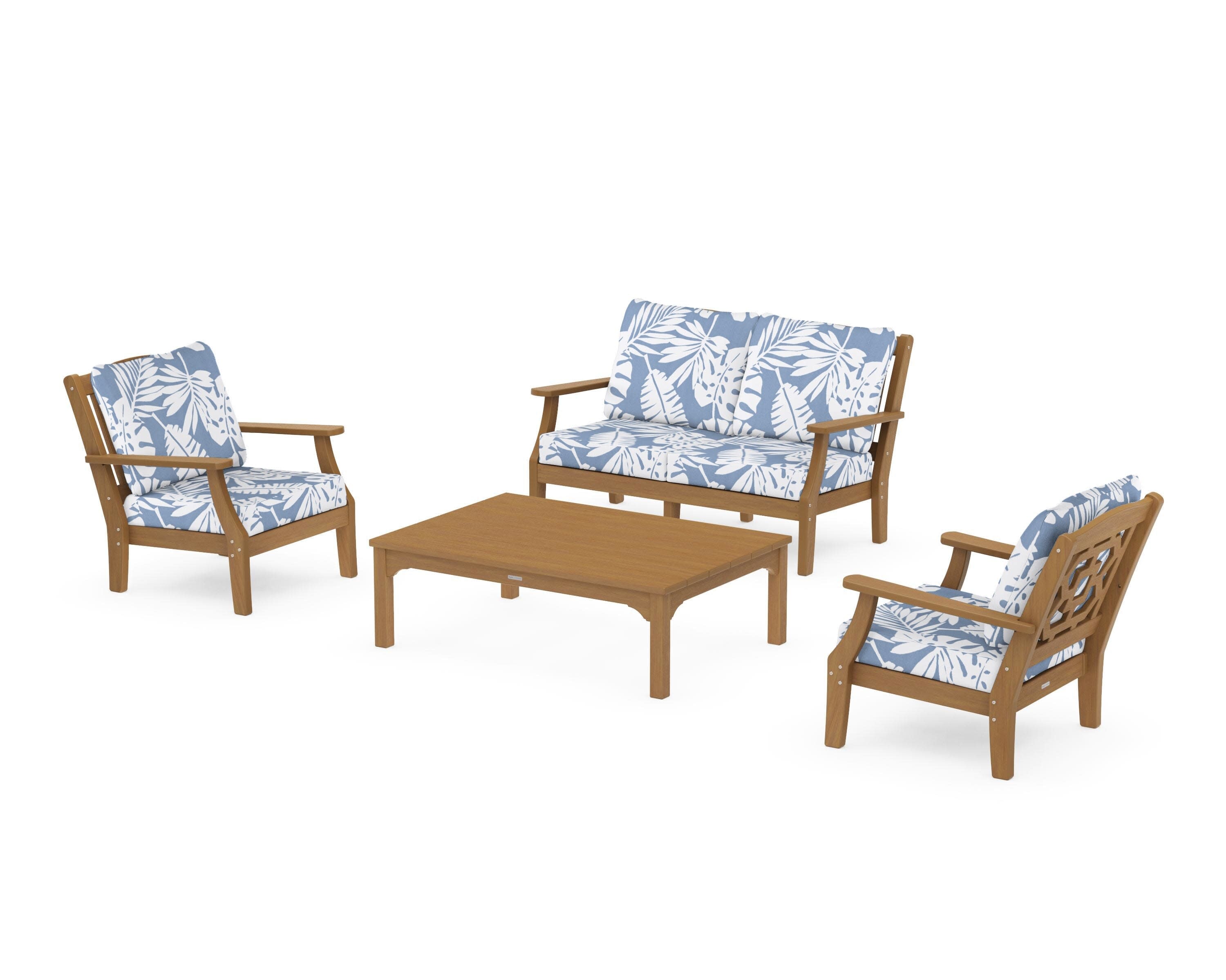 Chinoiserie 4-Piece Deep Seating Set with Loveseat in Natural / Leaf Sky Blue