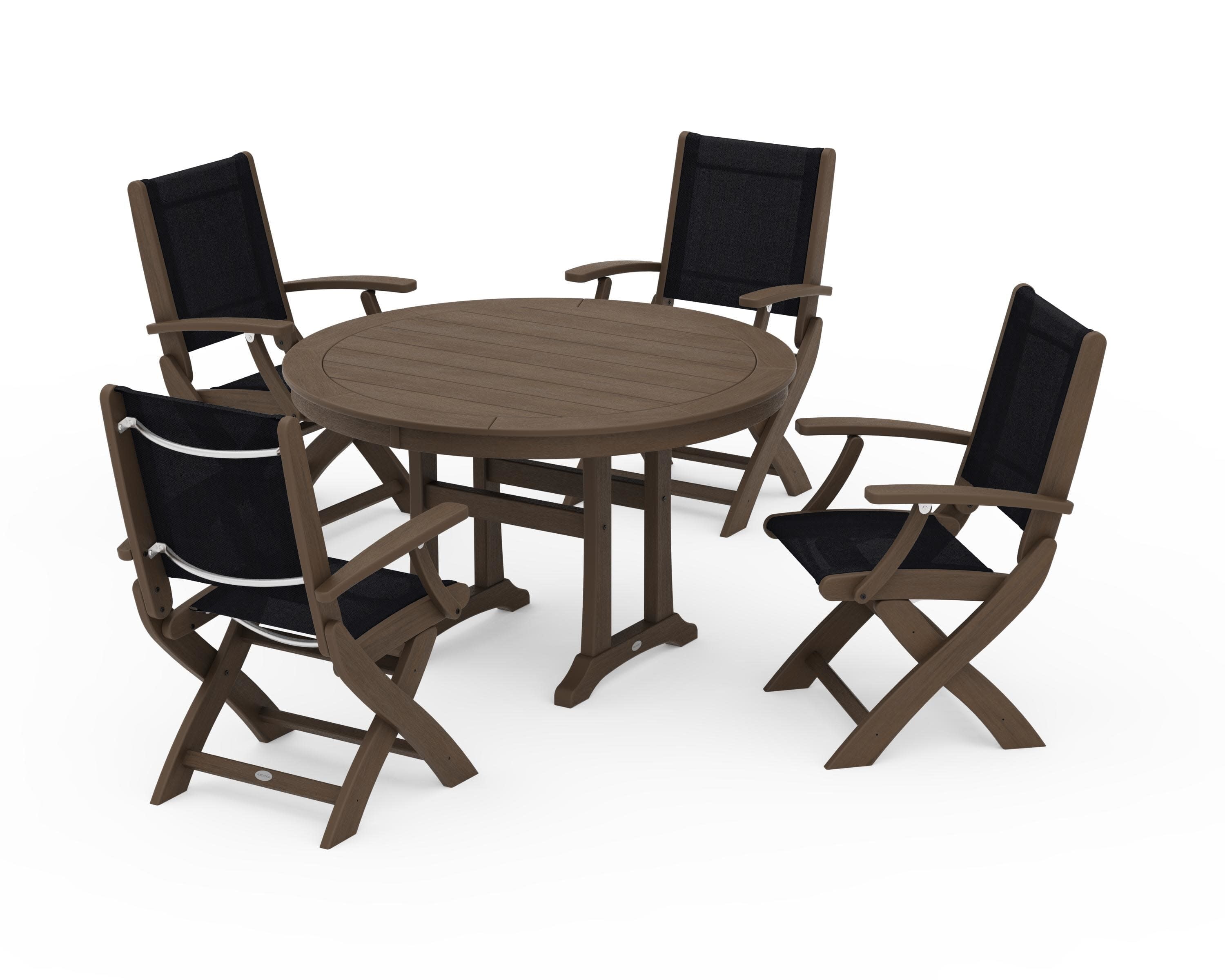 Coastal Folding Chair 5-Piece Round Dining Set with Trestle Legs in Kona / Black Sling