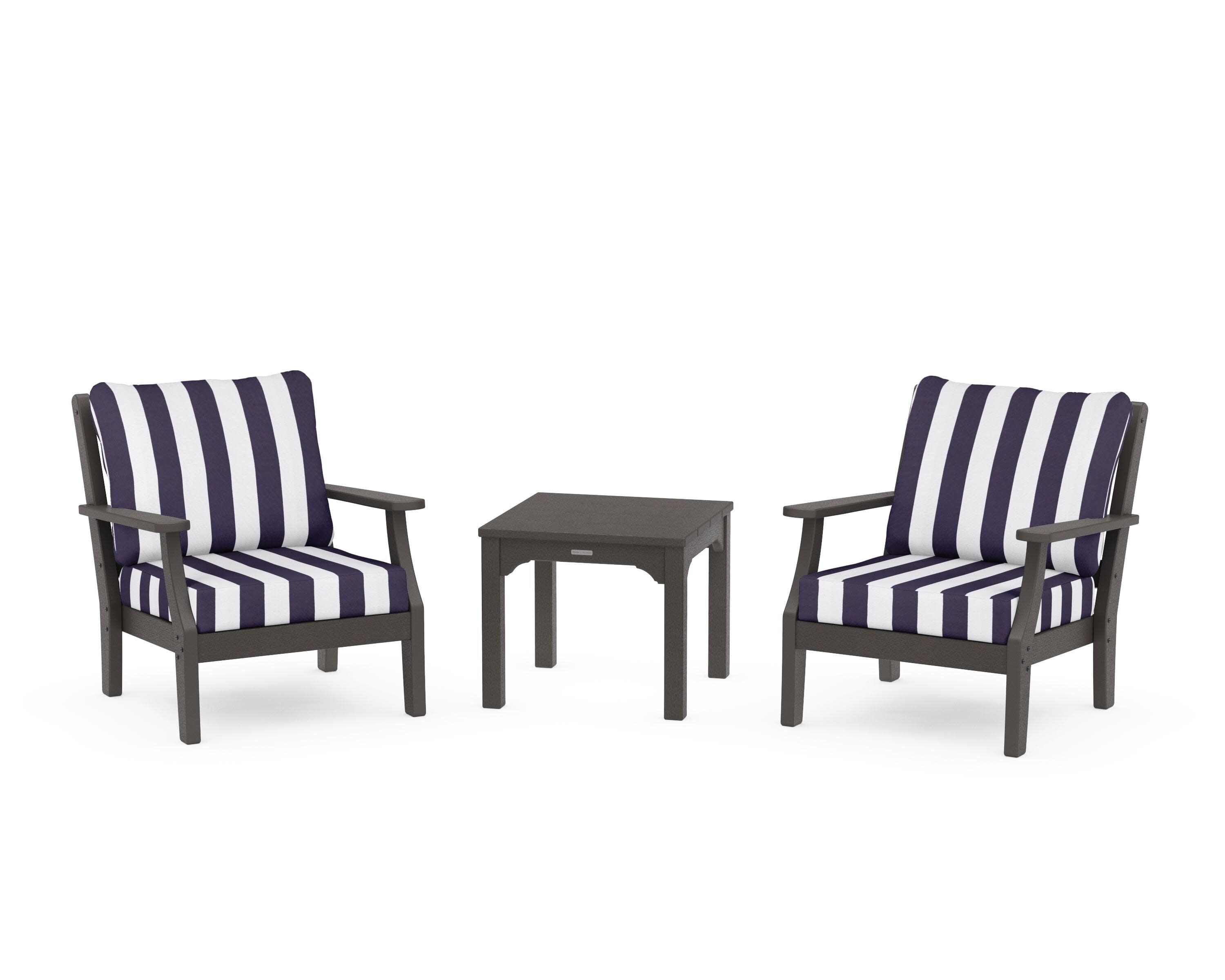 Chinoiserie 3-Piece Deep Seating Set in Vintage Coffee / Cabana Stripe Navy