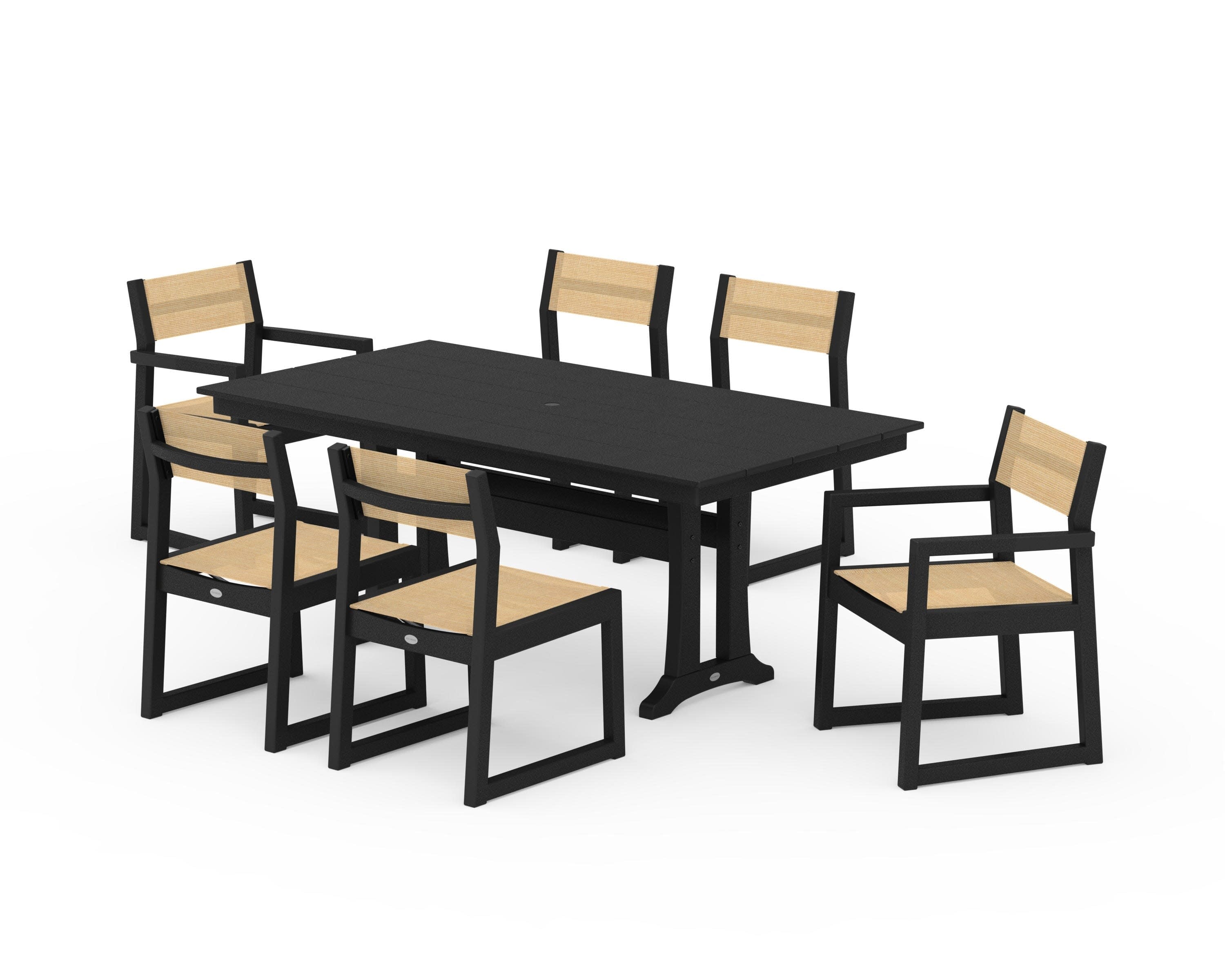 EDGE Sling 7-Piece Farmhouse Trestle Dining Set in Black / Dupioni Apricot Sling