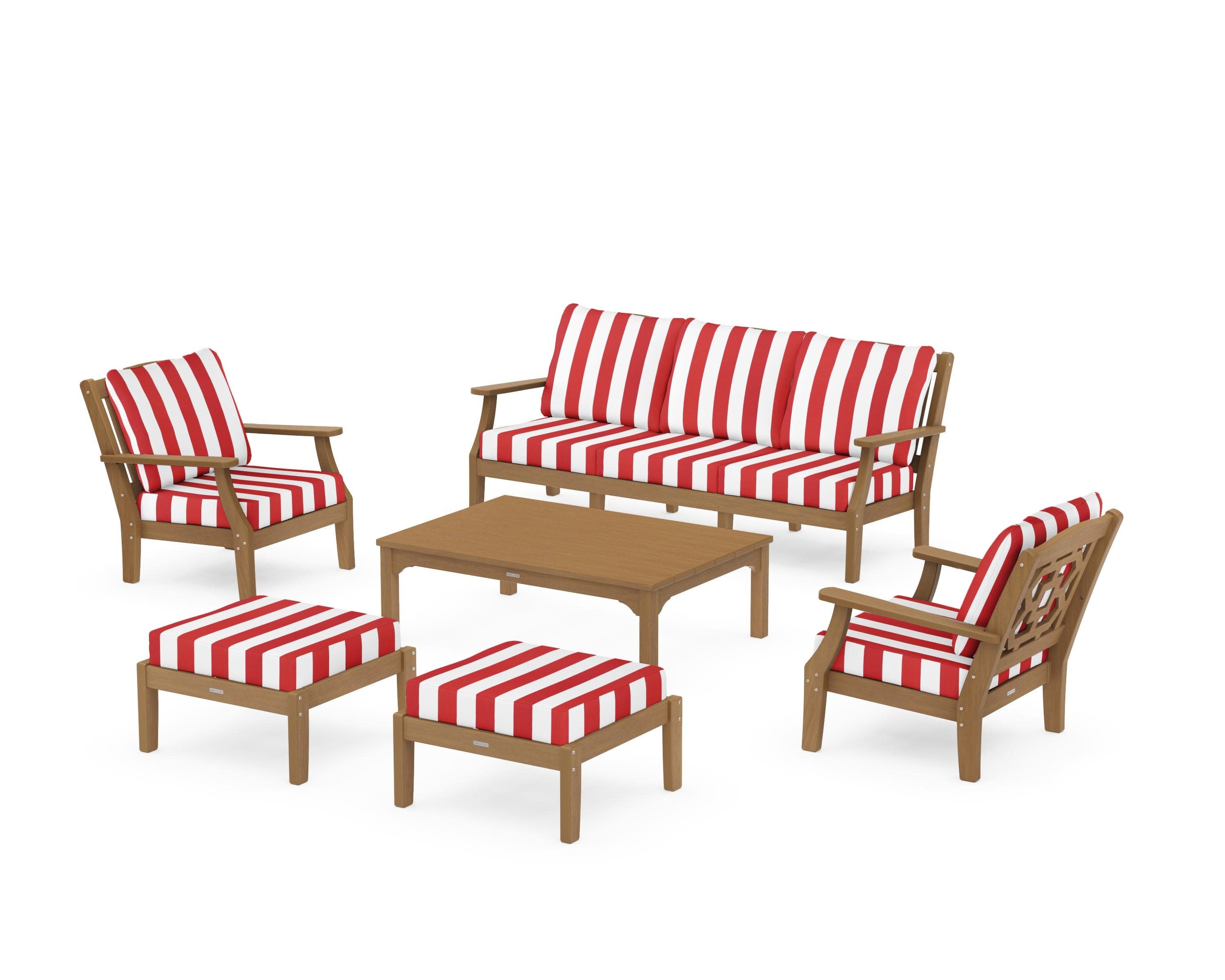 Chinoiserie 6-Piece Lounge Sofa Set in Natural / Cabana Stripe Crimson