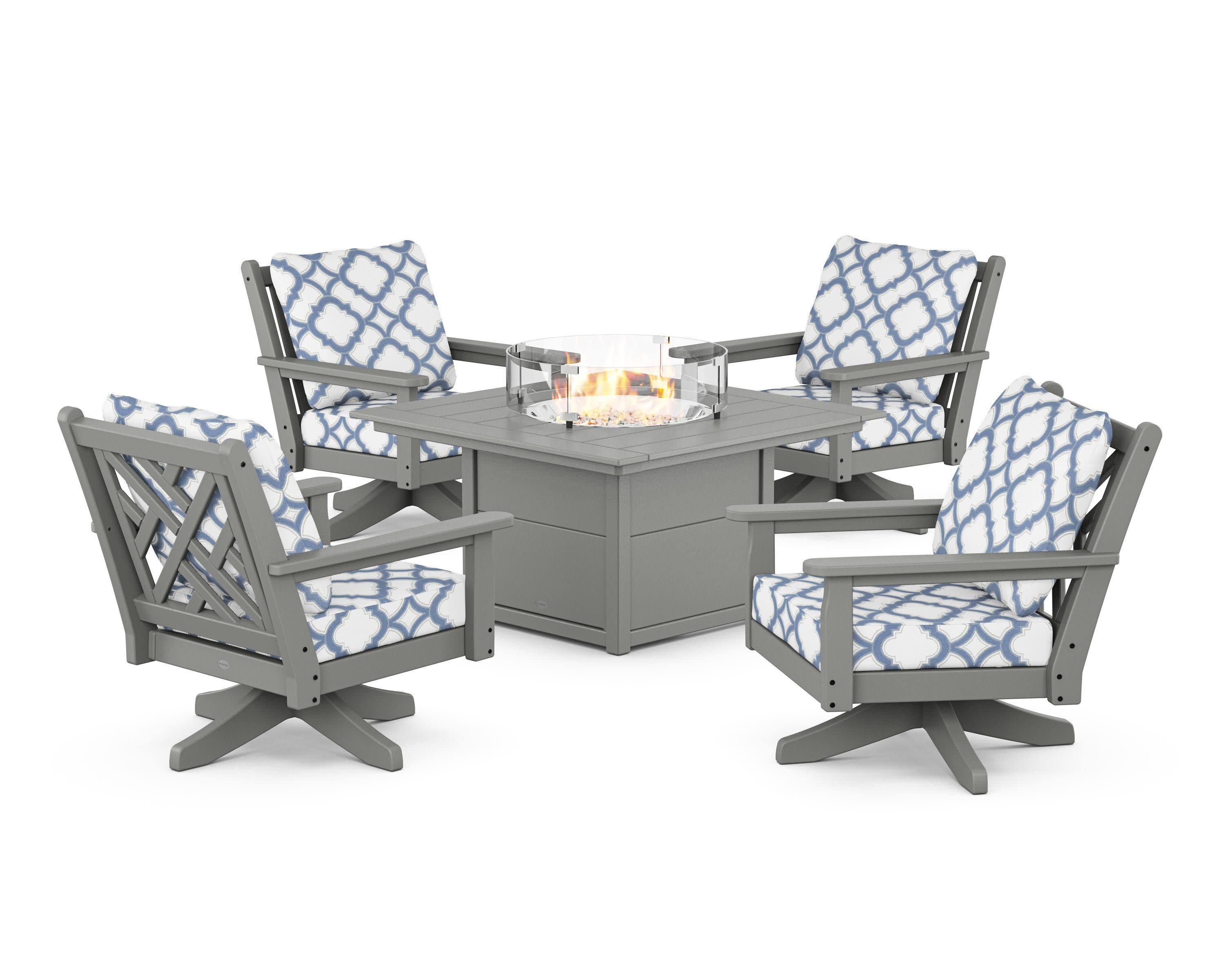Chippendale 5-Piece Deep Seating Swivel Conversation Set with Fire Pit Table in Slate Grey / Trellis Sky Blue