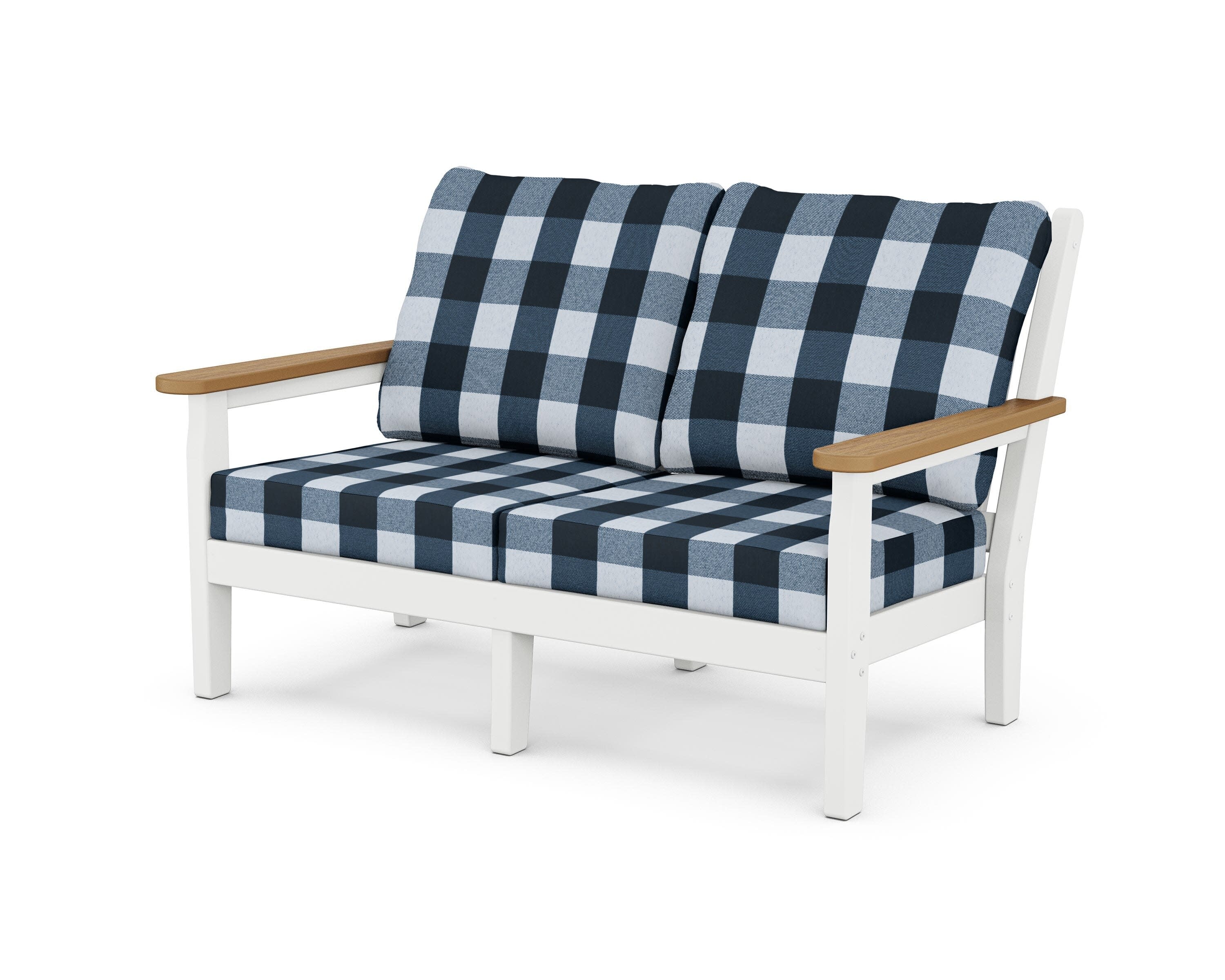 Chippendale Deep Seating Loveseat in White / Natural / Buffalo Plaid Marine Indigo