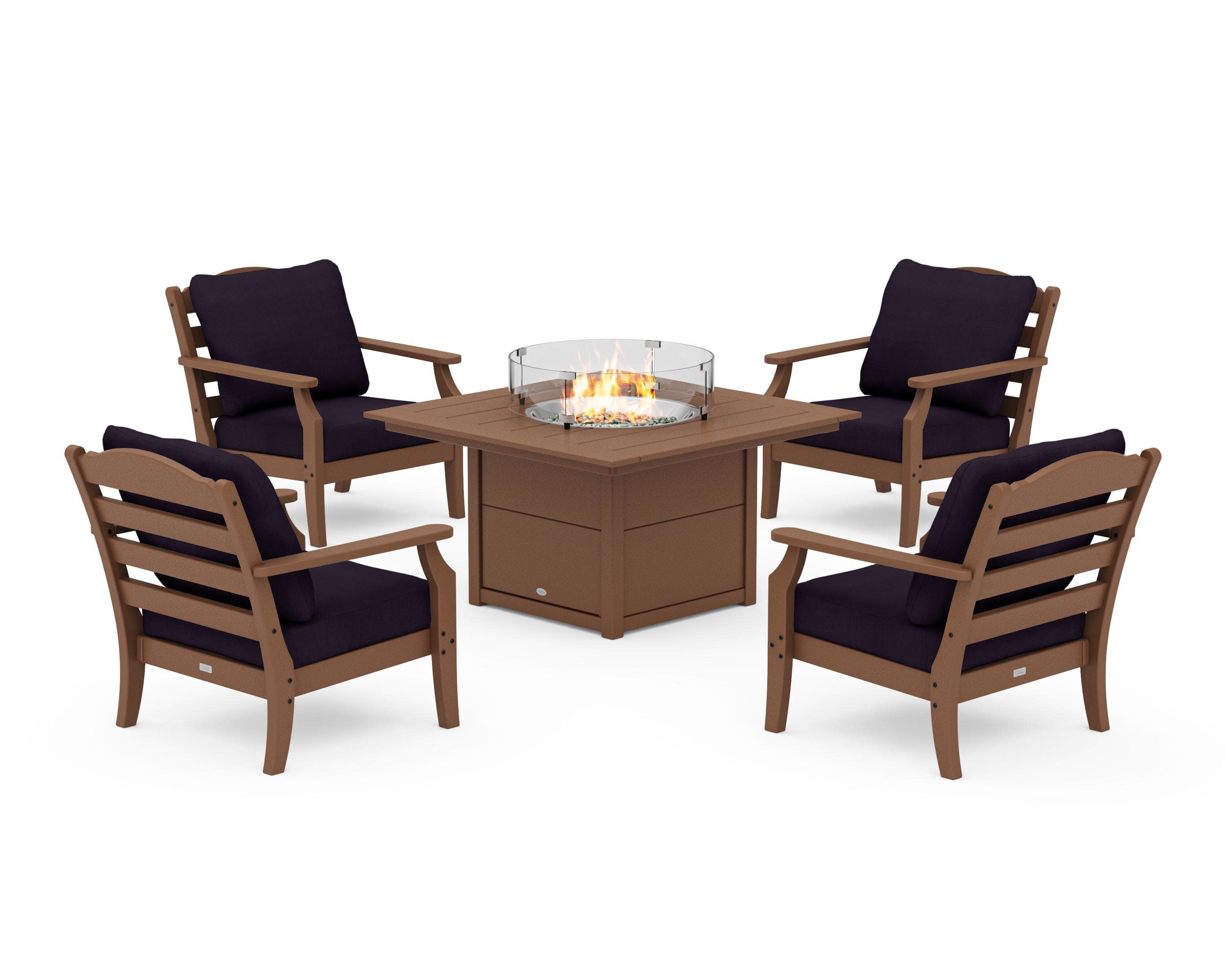 Savannah 5-Piece Deep Seating Set with Fire Pit Table in Teak / Navy Linen