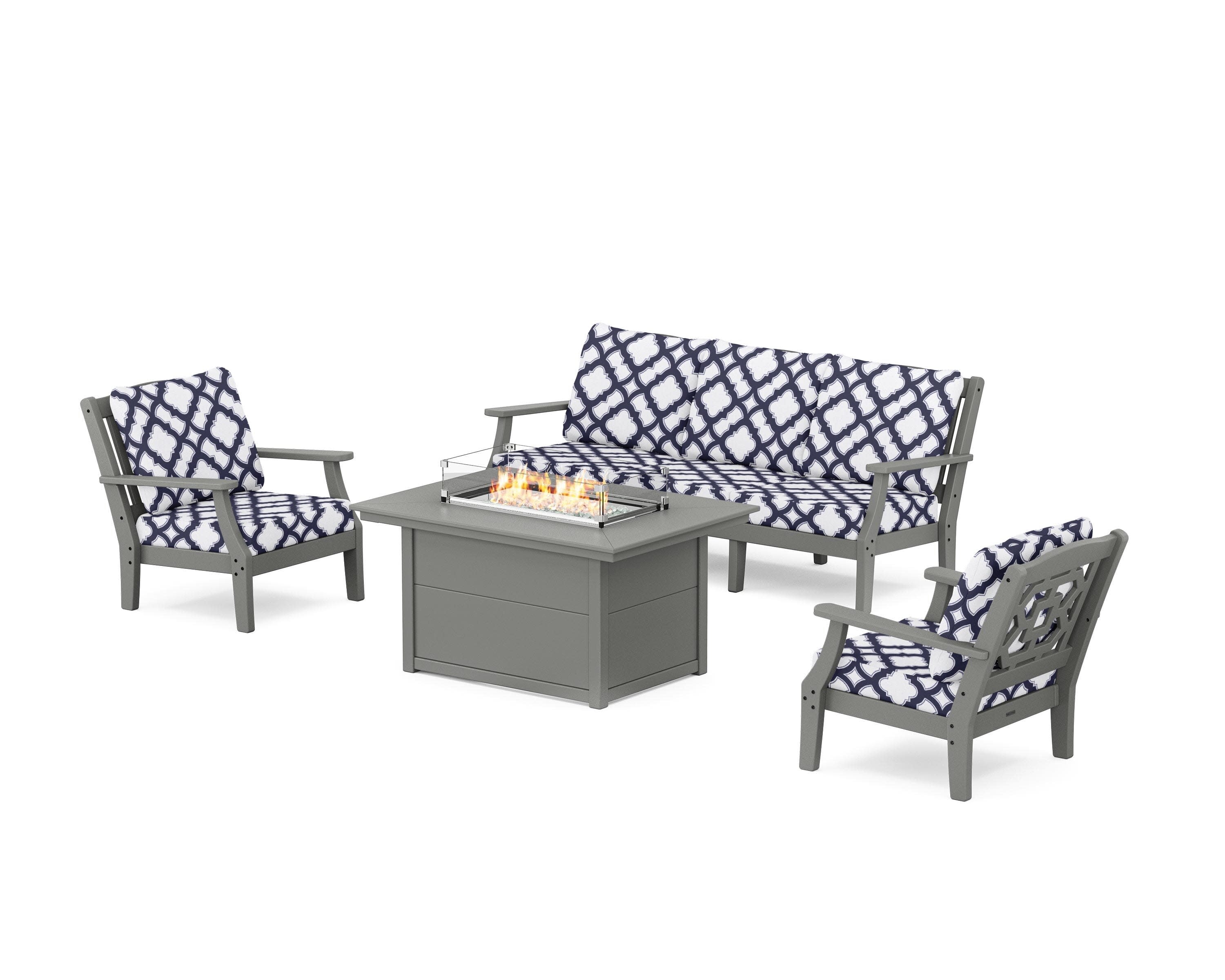 Chinoiserie Deep Seating Fire Pit Table Set in Slate Grey / Trellis Navy