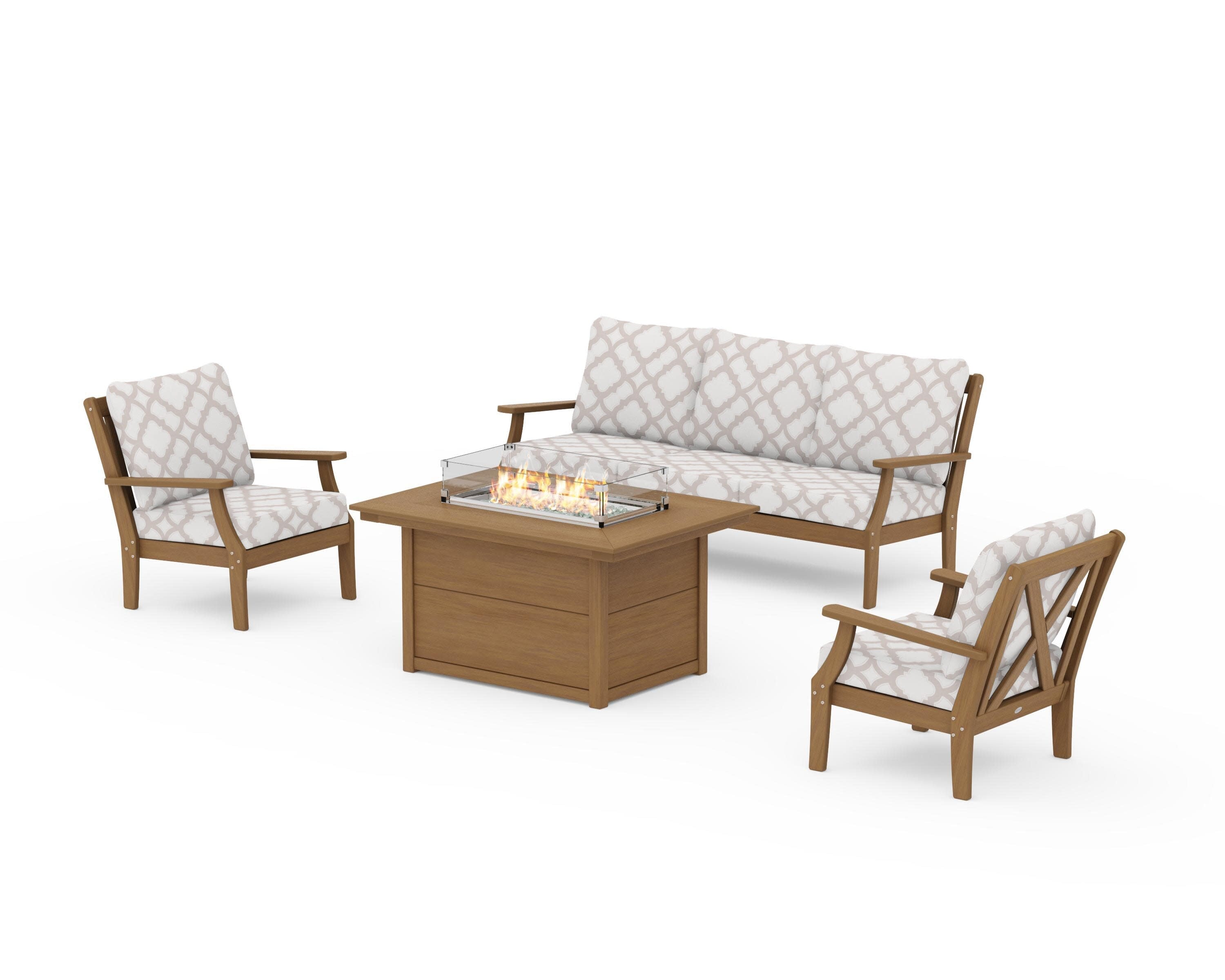Braxton Deep Seating Fire Pit Table Set in Natural / Trellis Dune Burlap