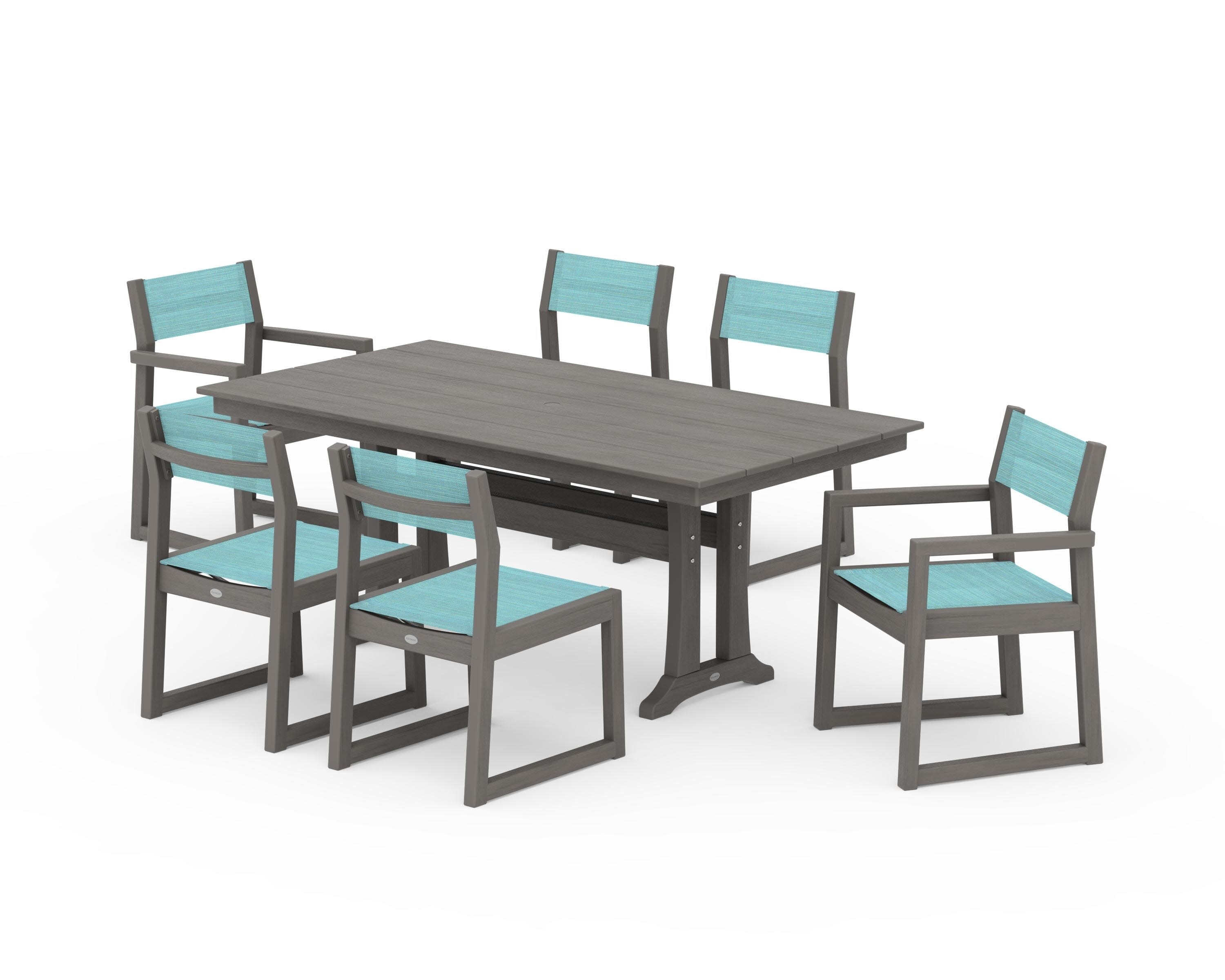 EDGE Sling 7-Piece Farmhouse Trestle Dining Set in Driftwood / Dupioni Aquamarine Sling