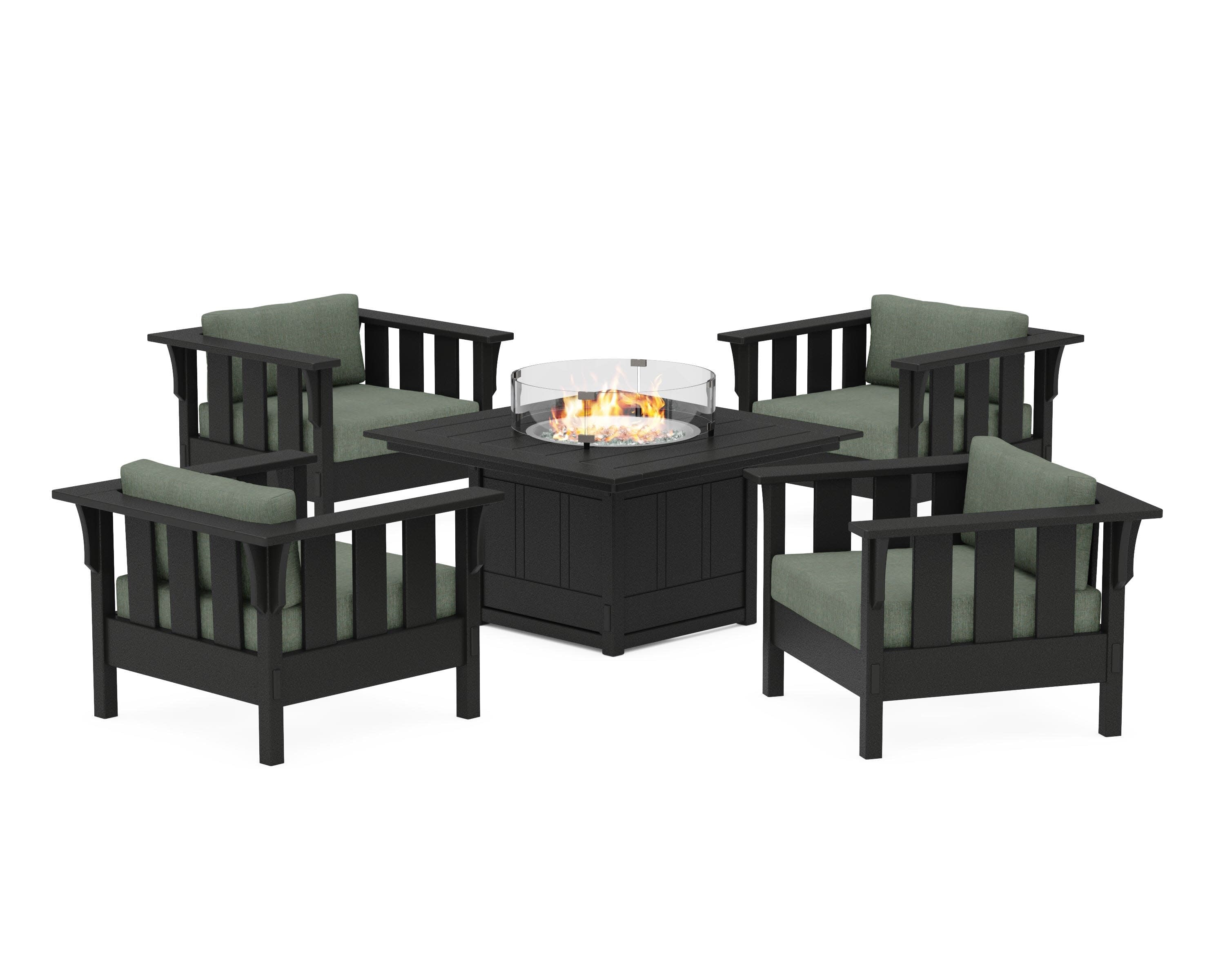 Acadia 5-Piece Deep Seating Set with Fire Pit Table in Black / Cast Sage