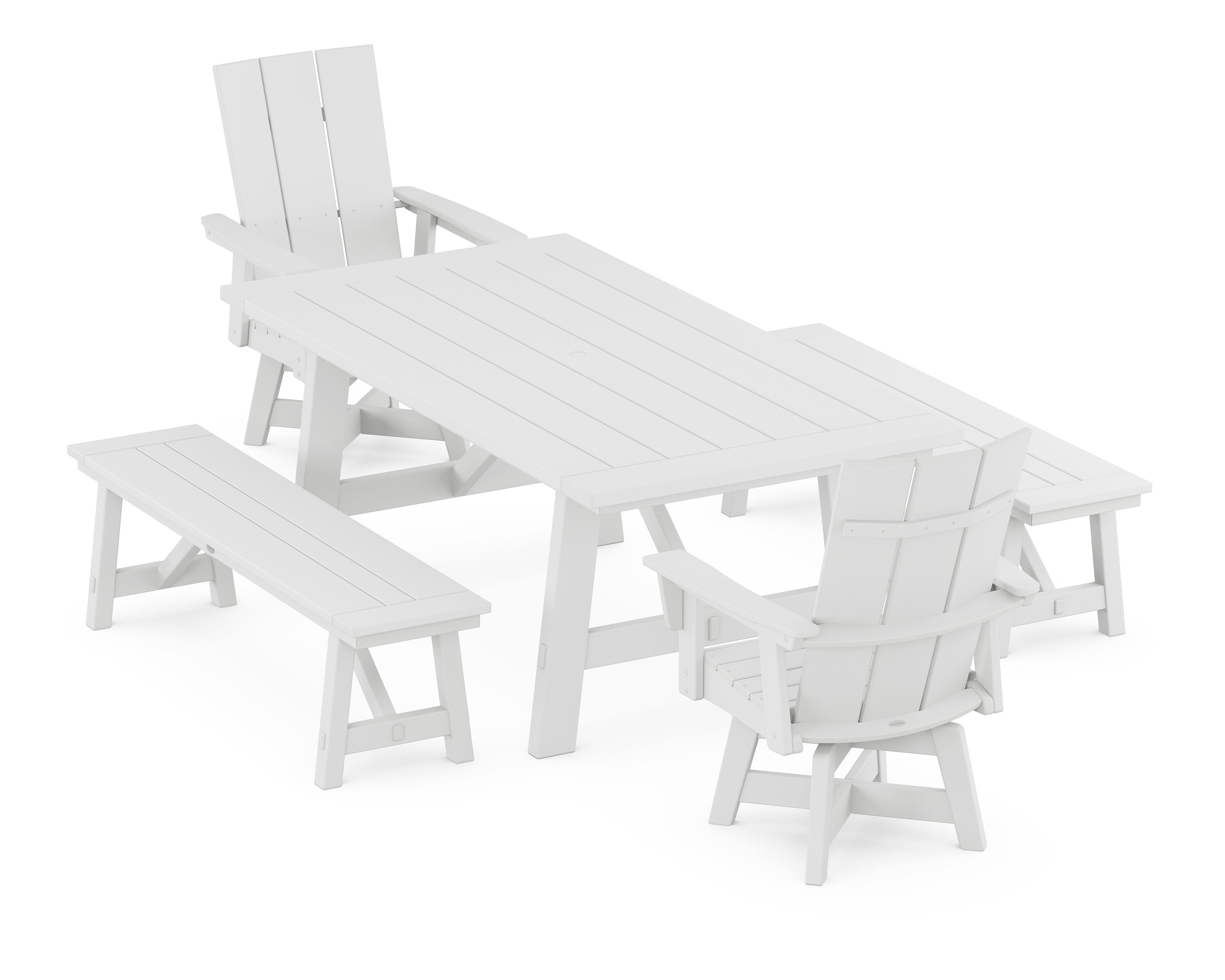 Modern Curveback Adirondack Swivel Chair 5-Piece Rustic Farmhouse Dining Set With Benches in White