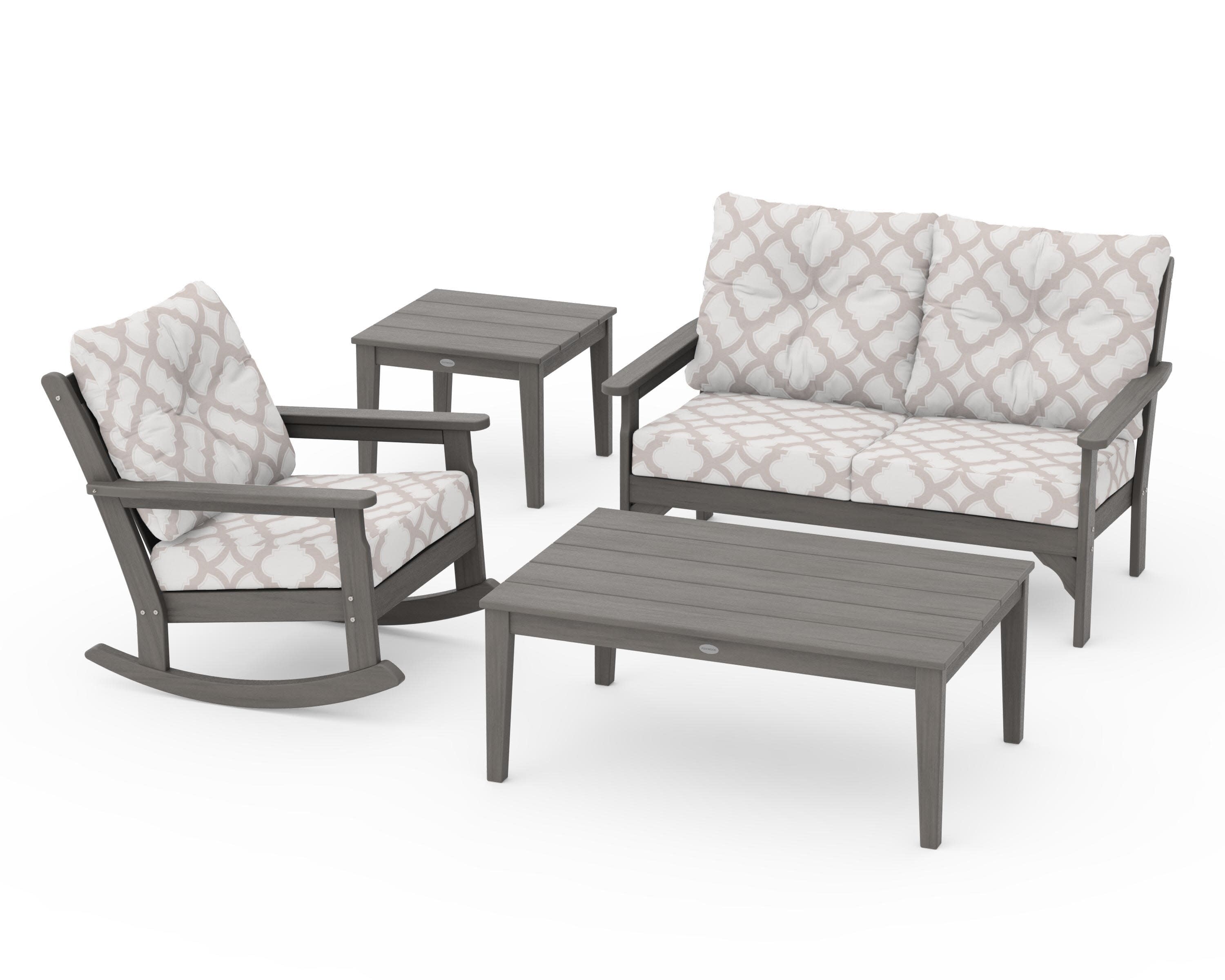 Vineyard 4-Piece Deep Seating Rocker Set in Driftwood / Trellis Dune Burlap