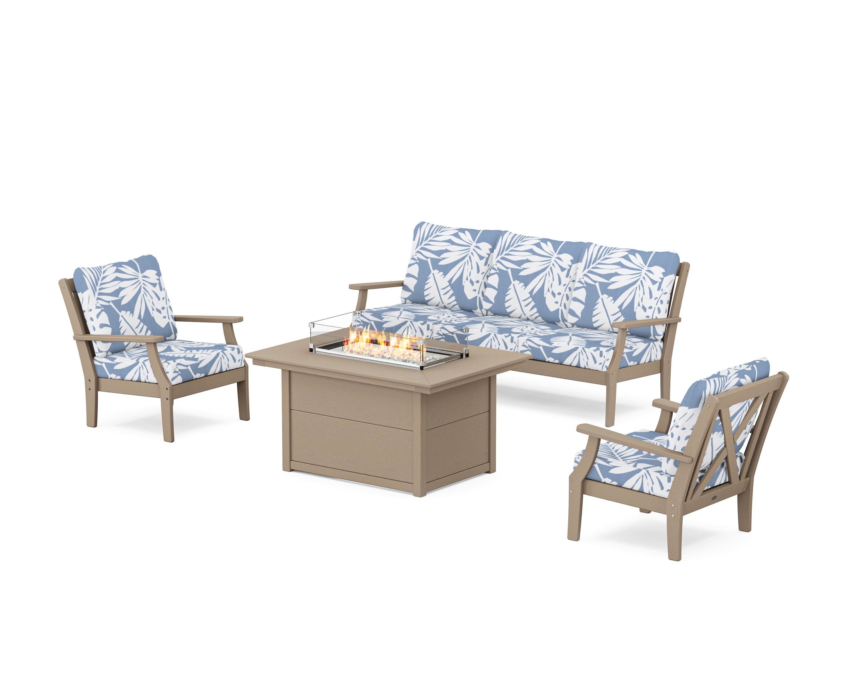 Braxton Deep Seating Fire Pit Table Set in Vintage Sahara / Leaf Sky Blue