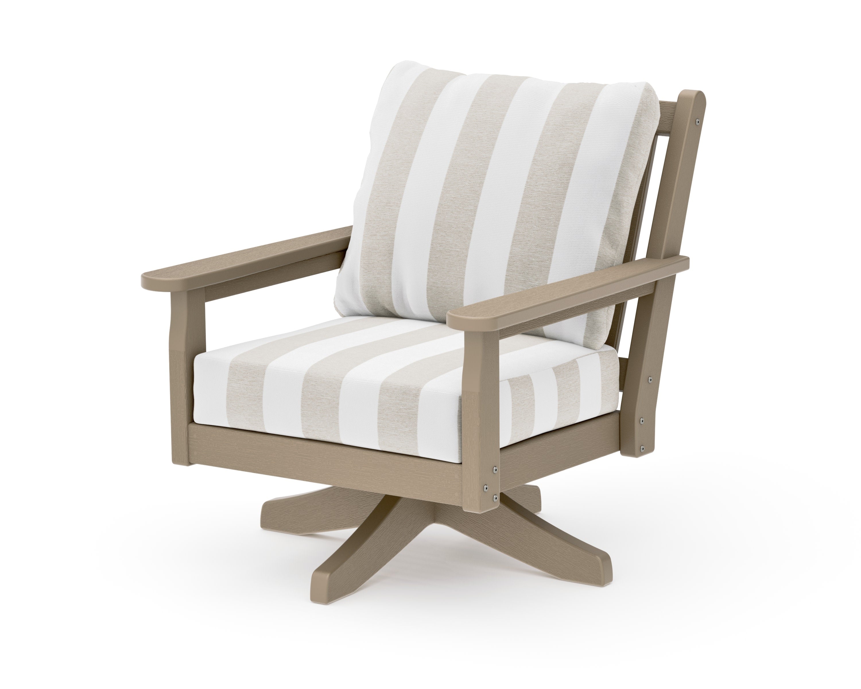 Chippendale Deep Seating Swivel Chair in Vintage Sahara / Cabana Stripe Dune Burlap