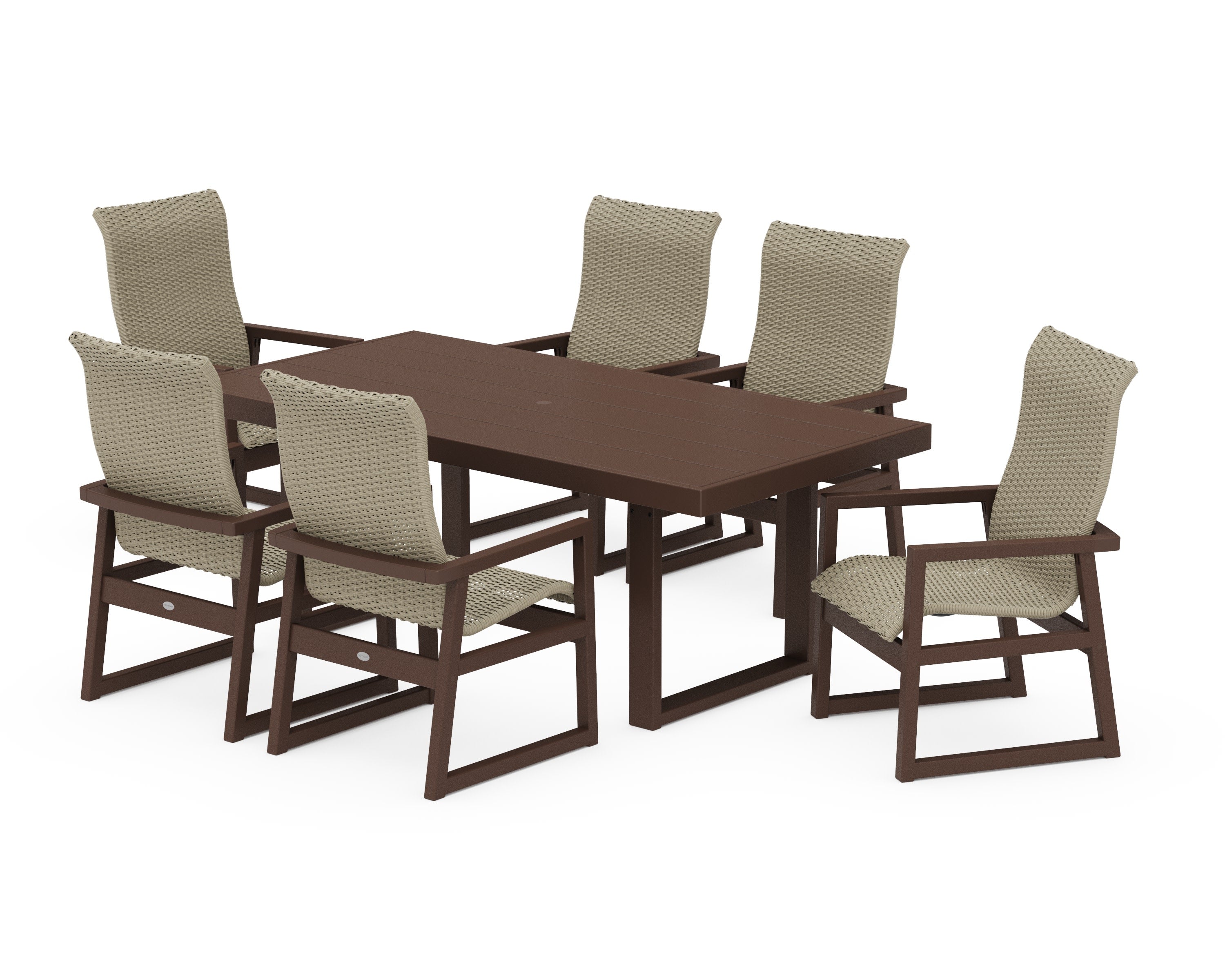 EDGE Woven Highback Arm Chair 7-Piece Dining Set in Mahogany / Dune Grass