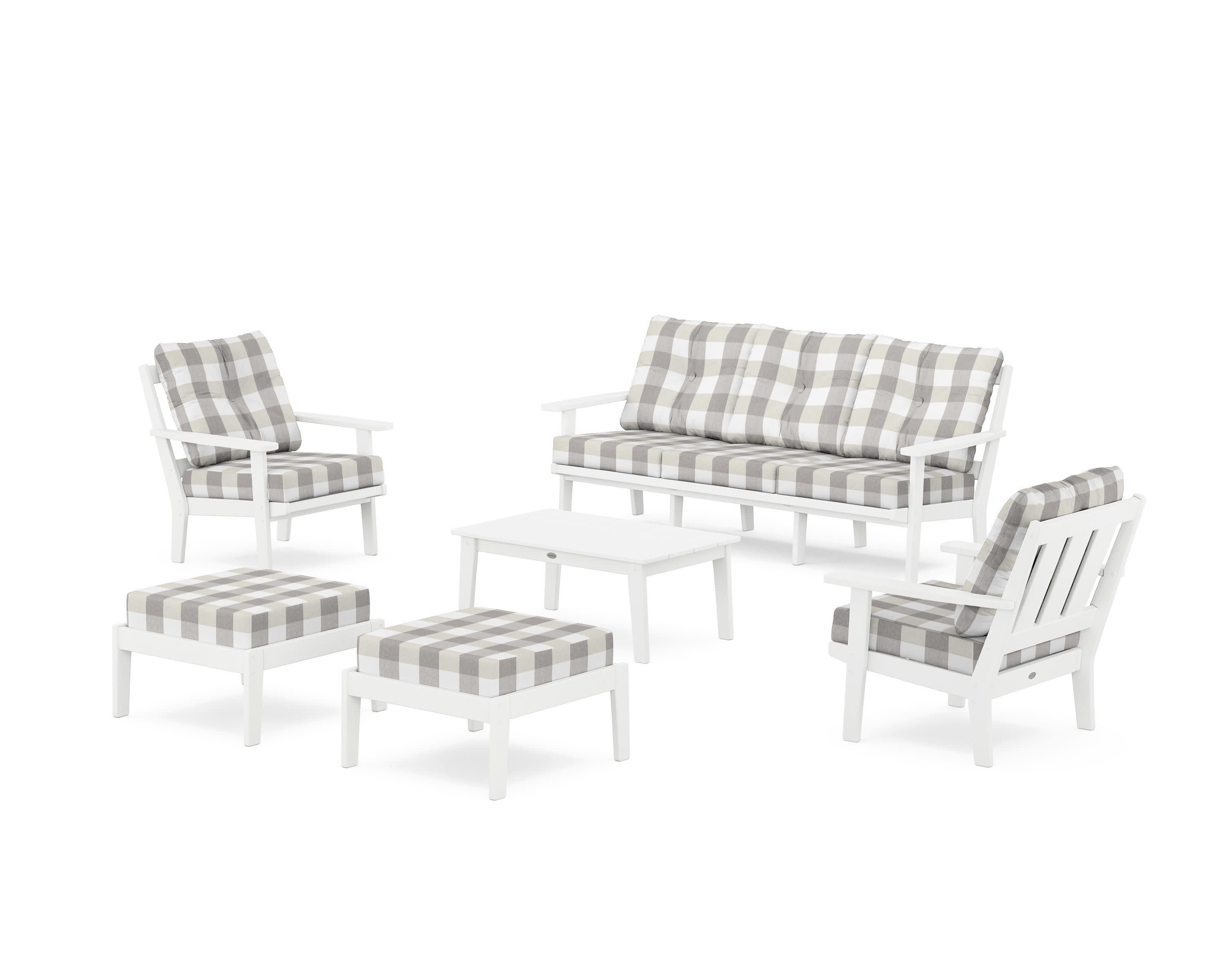 Oxford 6-Piece Lounge Sofa Set in White / Buffalo Plaid Grey Mist