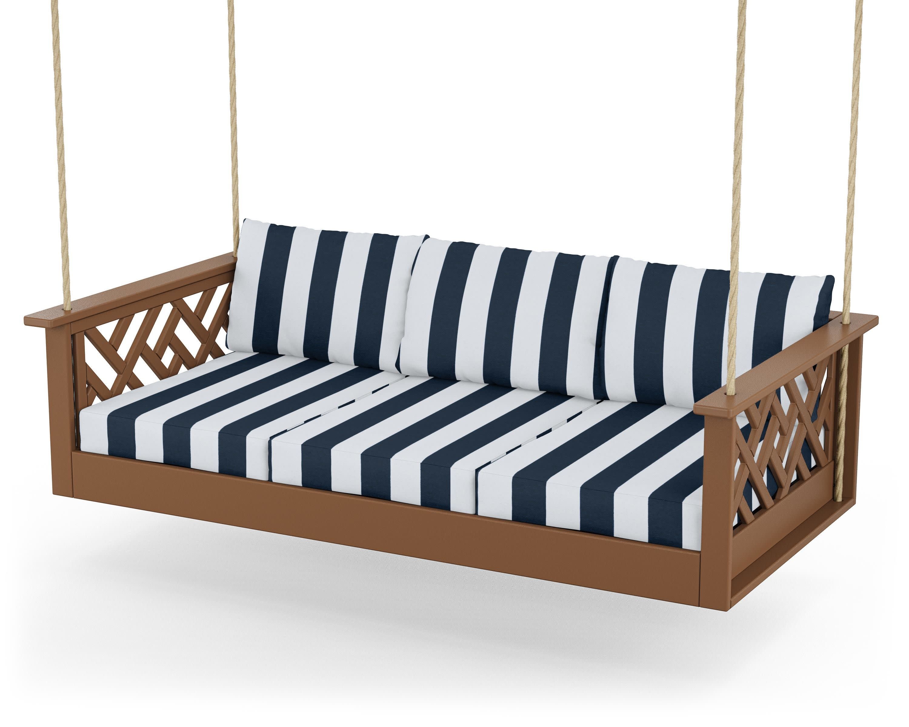 Chippendale Daybed Swing in Teak / Cabana Stripe Marine Indigo