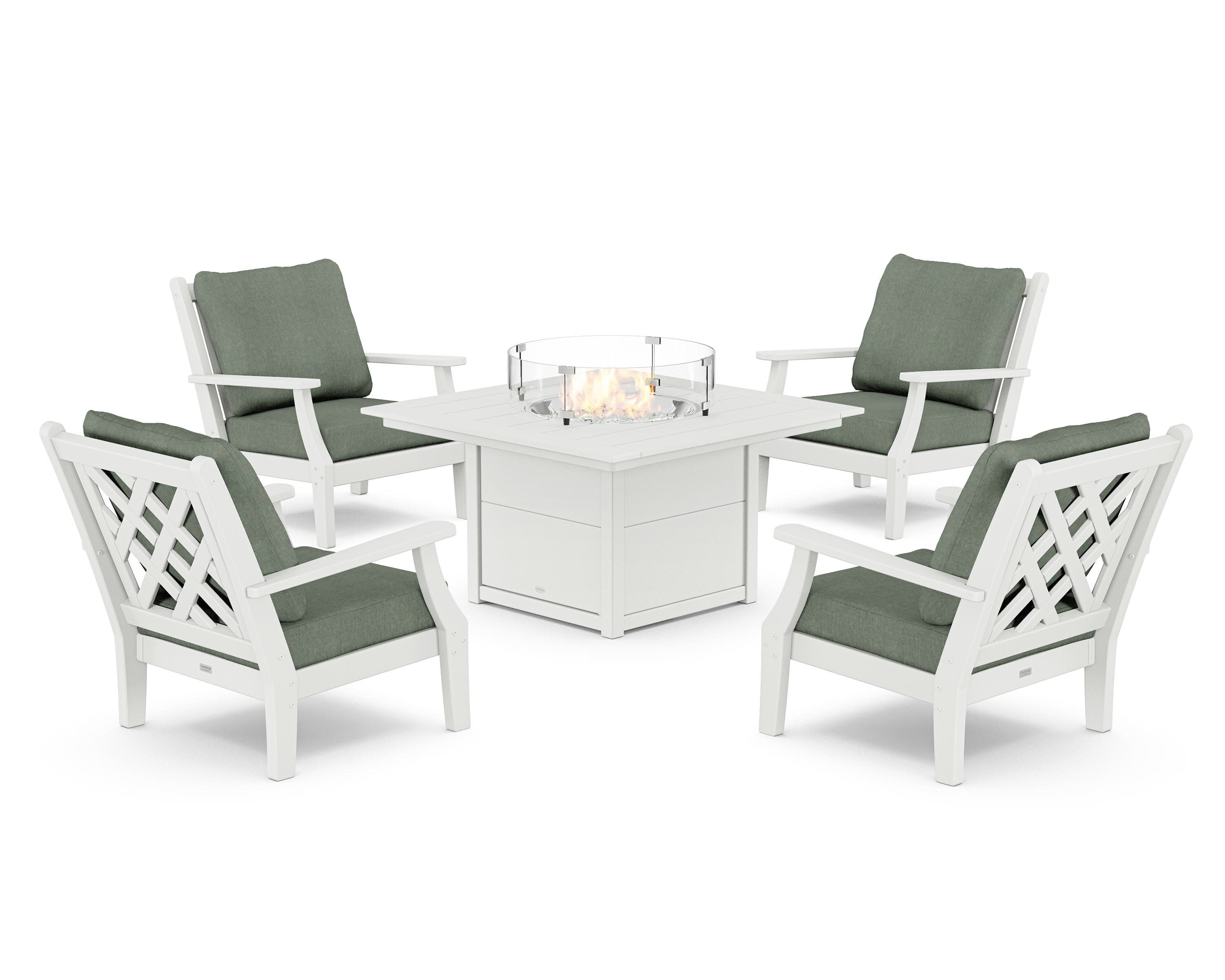 Wovendale 5-Piece Deep Seating Set with Fire Pit Table in White / Cast Sage