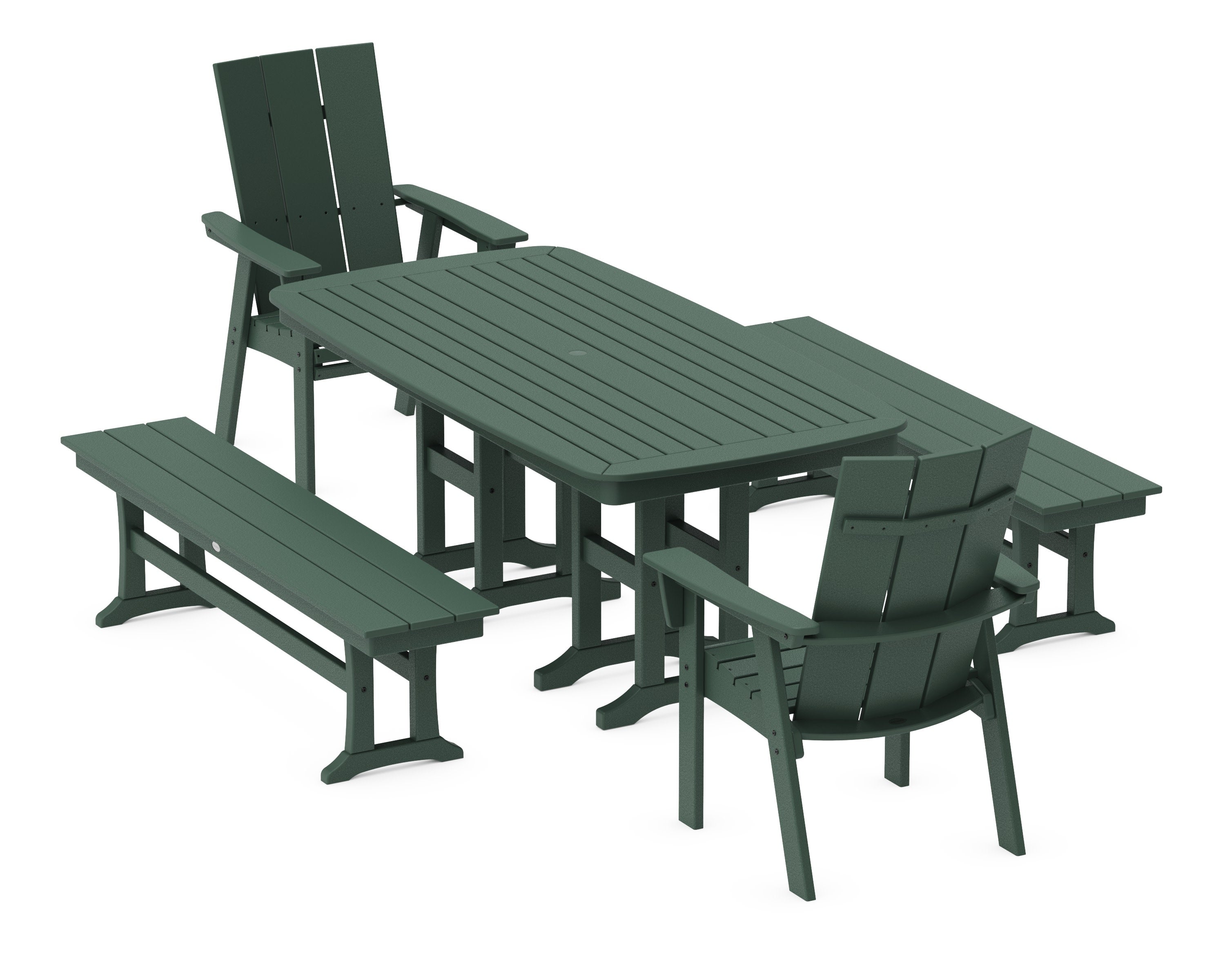 Modern Curveback Adirondack 5-Piece Dining Set with Benches in Green