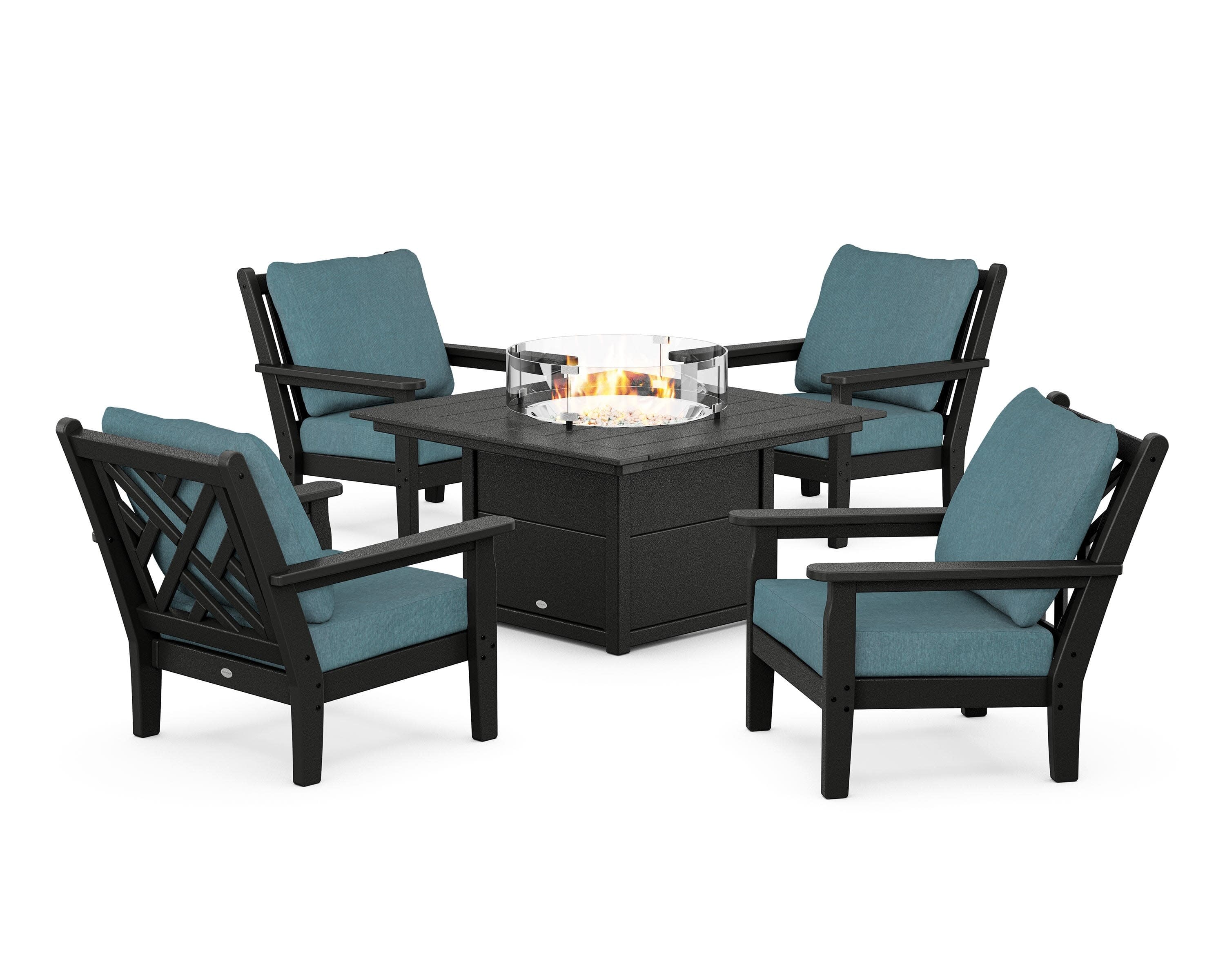 Chippendale 5-Piece Deep Seating Set with Fire Pit Table in Black / Ocean Teal