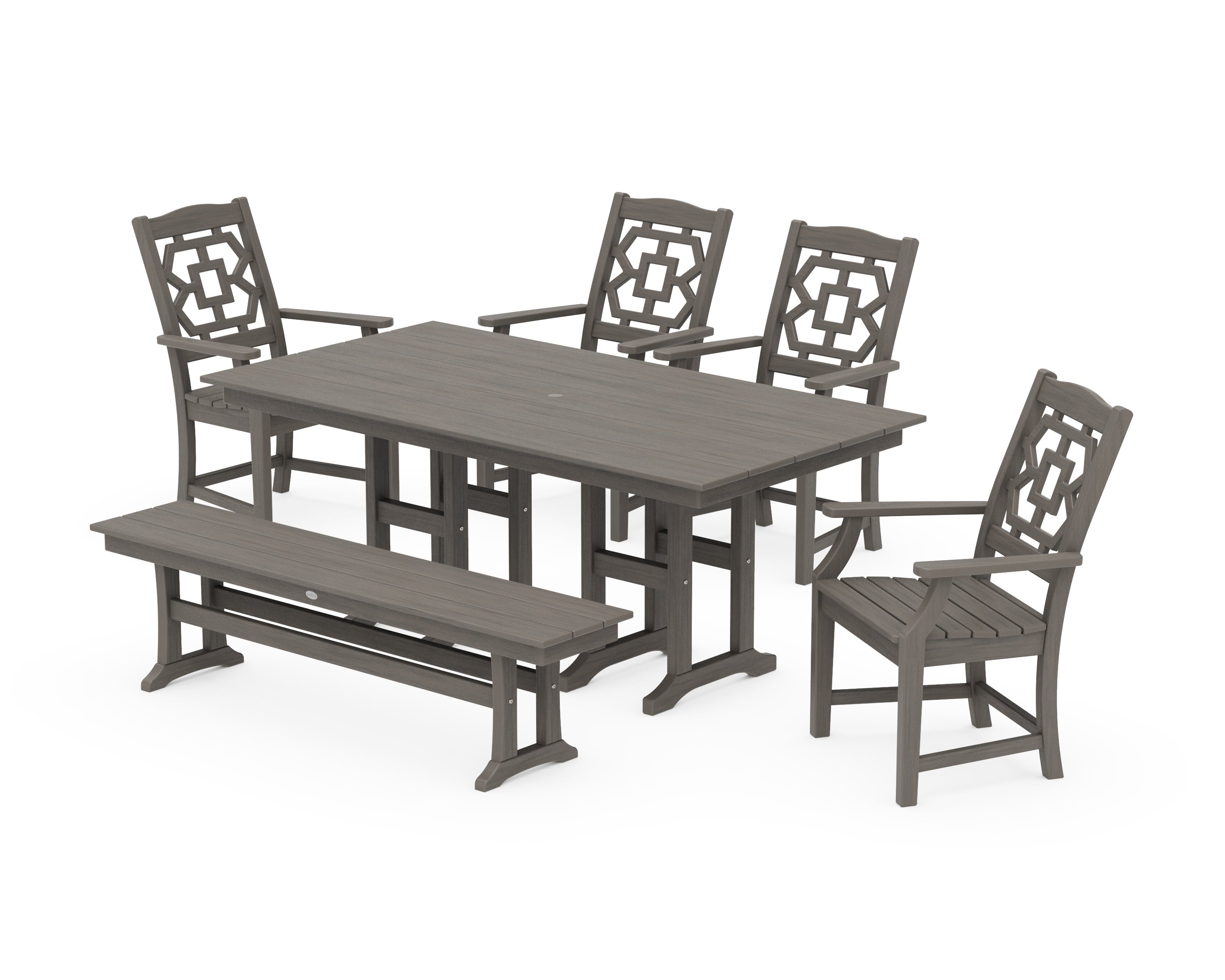 Chinoiserie 6-Piece Farmhouse Dining Set with Bench in Driftwood