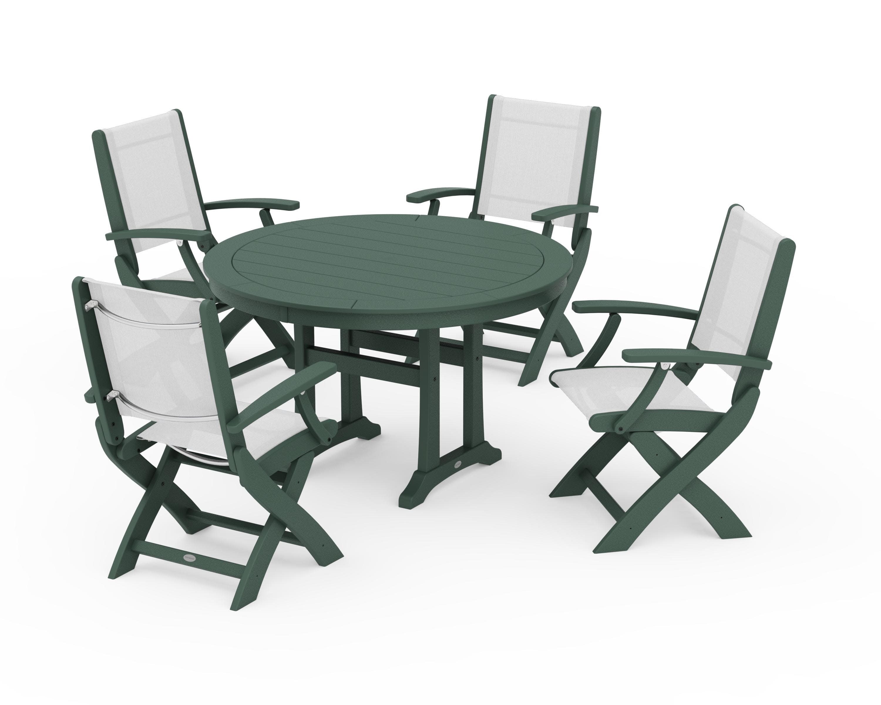 Coastal Folding Chair 5-Piece Round Dining Set with Trestle Legs in Green / White Sling
