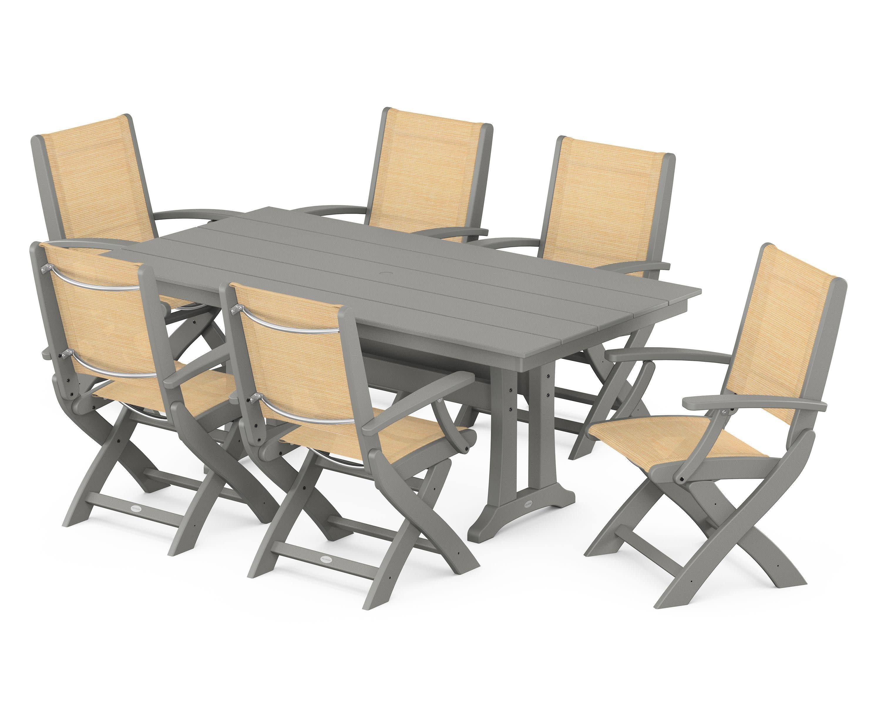 Coastal Folding Arm Chair 7-Piece Farmhouse Dining Set with Trestle Legs in Slate Grey / Dupioni Apricot Sling