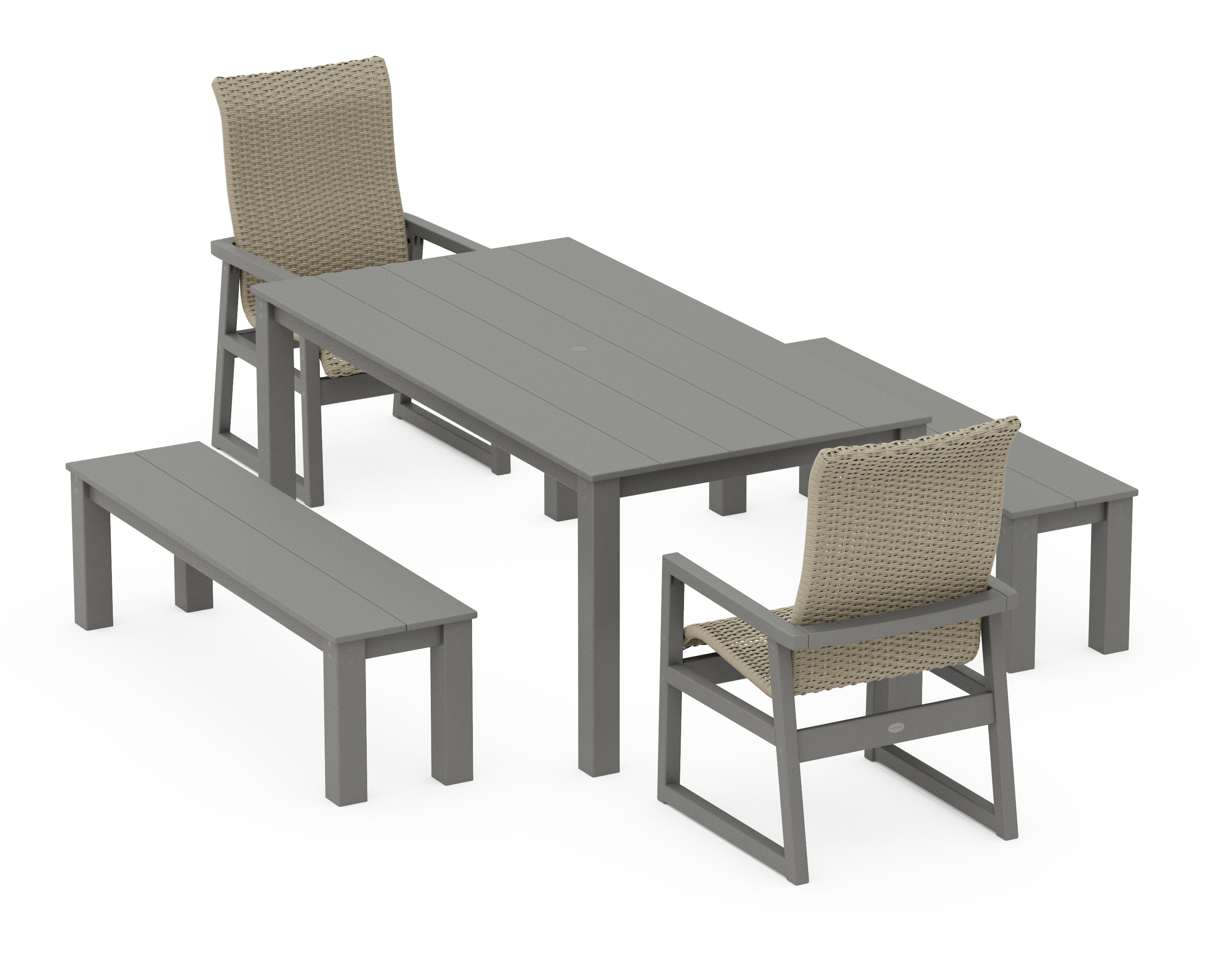 EDGE Woven Highback 5-Piece Parsons Dining Set with Benches in Slate Grey / Dune Grass