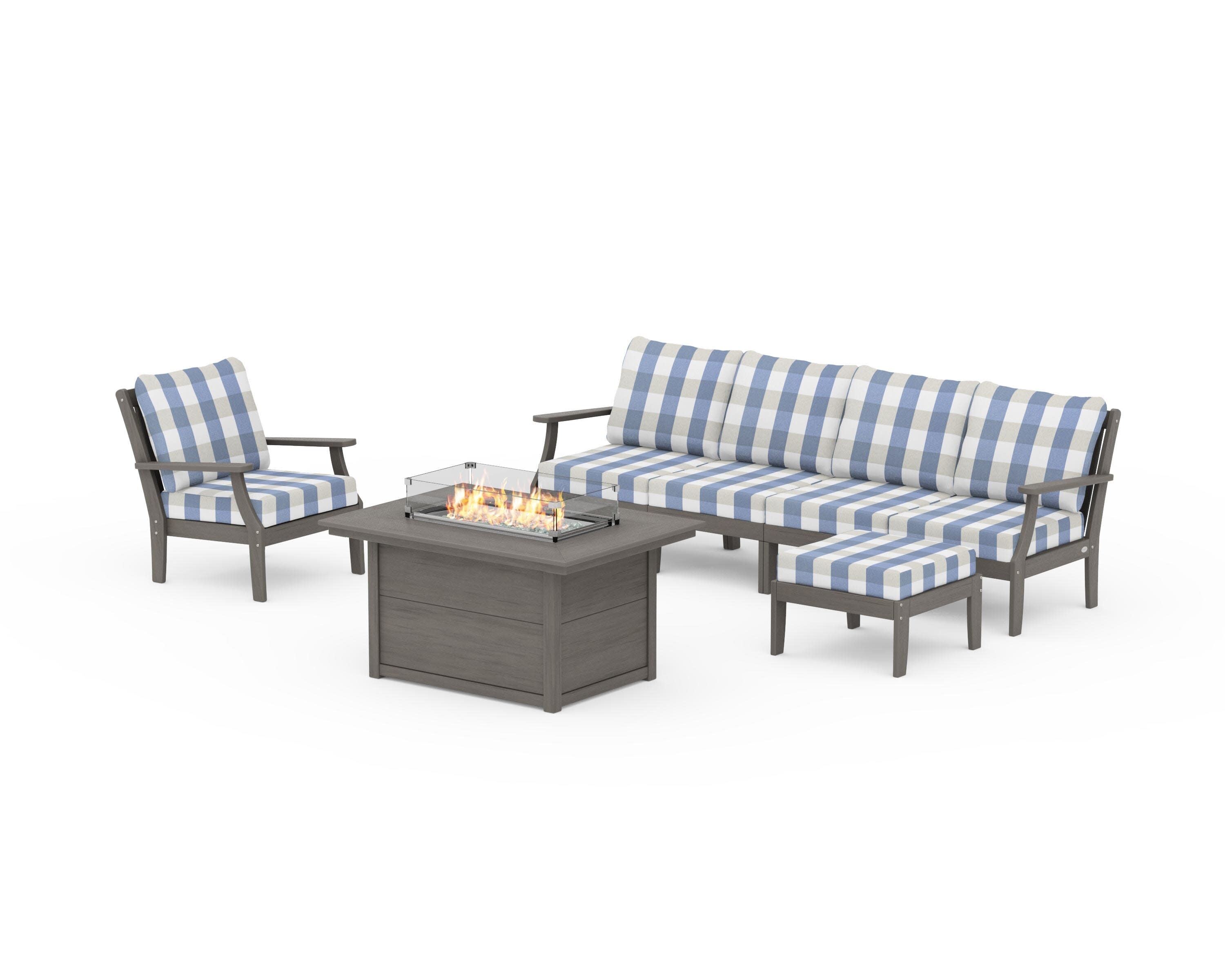Braxton Sectional Lounge and Fire Pit Set in Driftwood / Buffalo Plaid Sky Blue