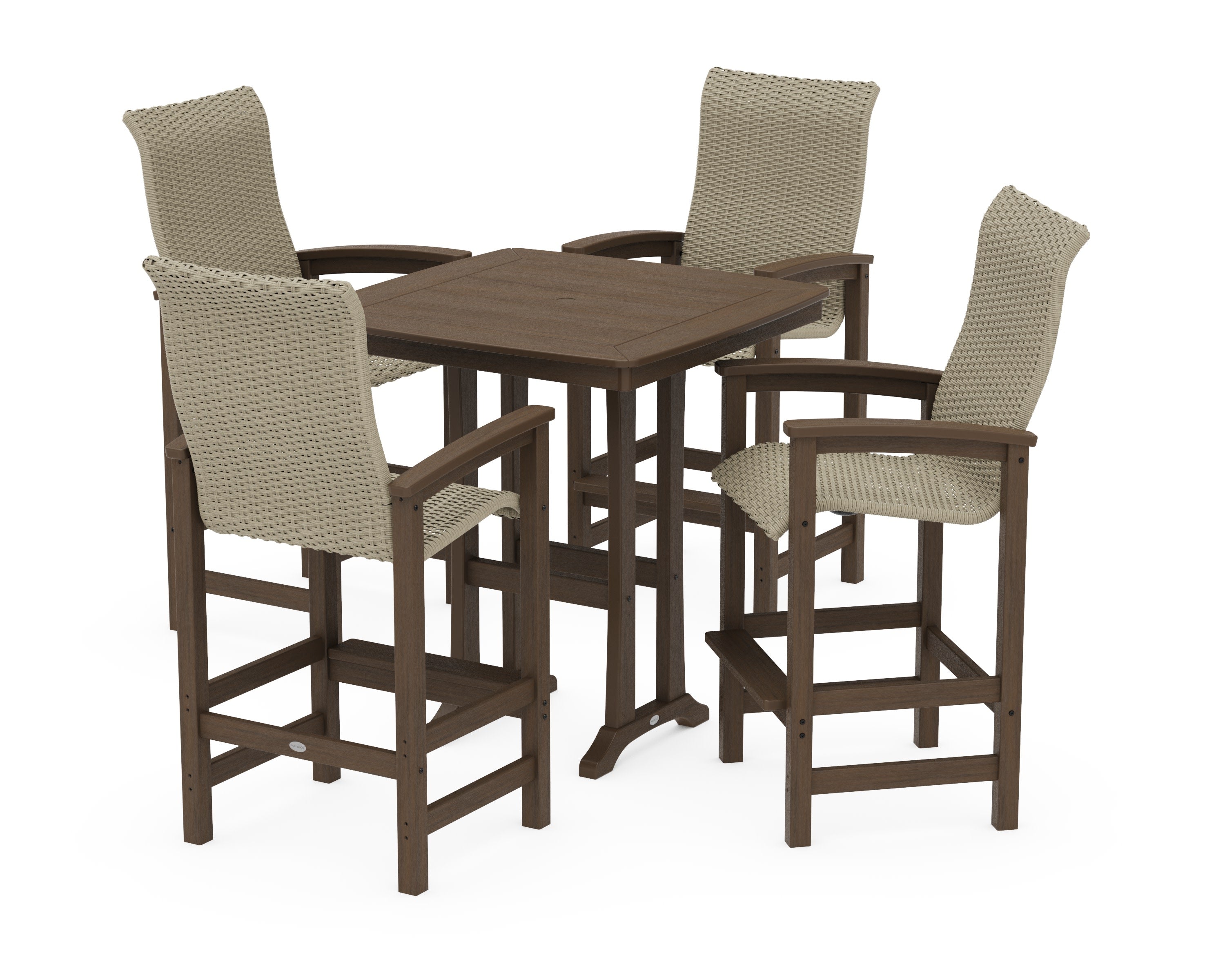 Coastal Woven High-Back 5-Piece Bar Set with Trestle Legs in Kona / Dune Grass