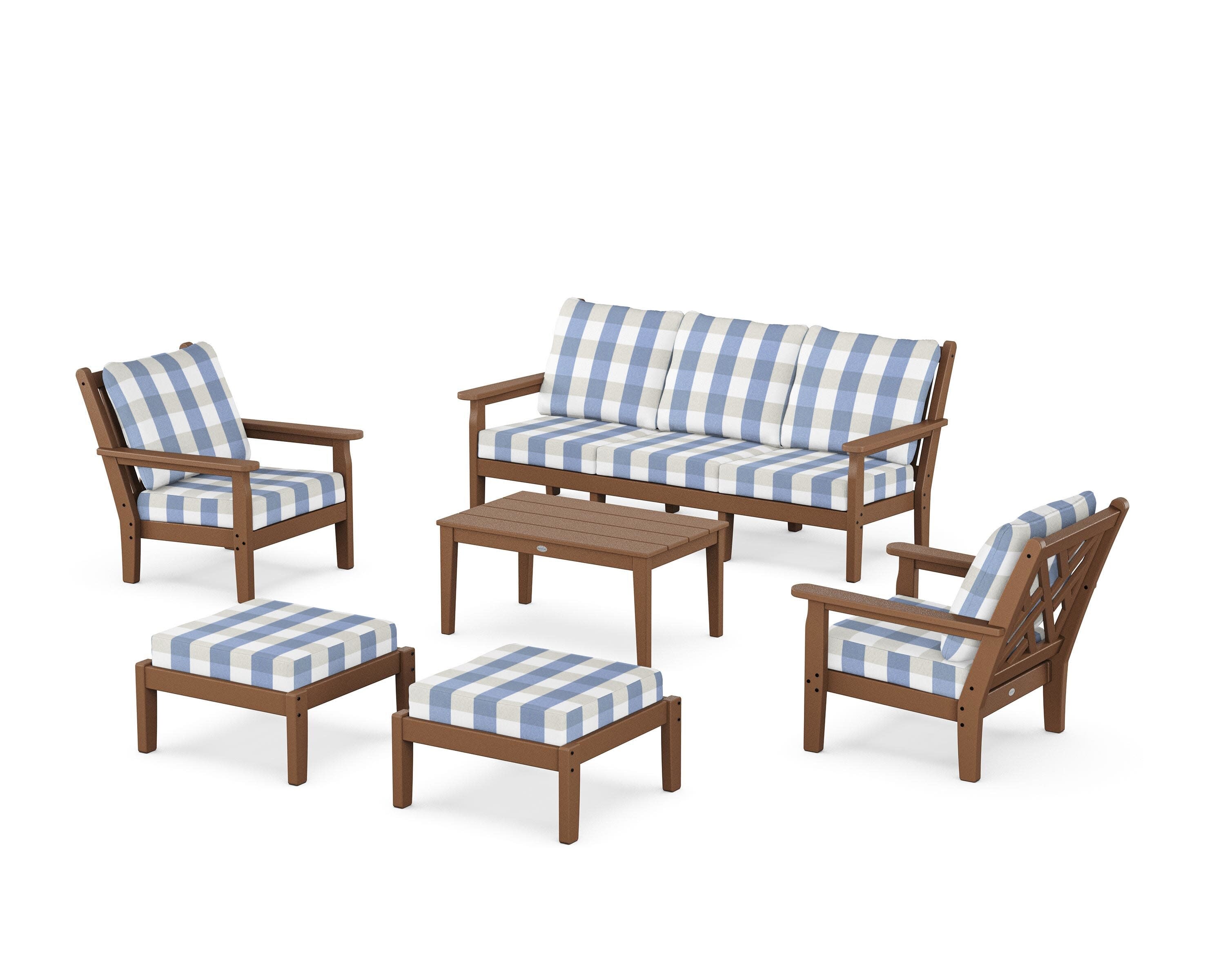 Chippendale 6-Piece Lounge Sofa Set in Teak / Buffalo Plaid Sky Blue