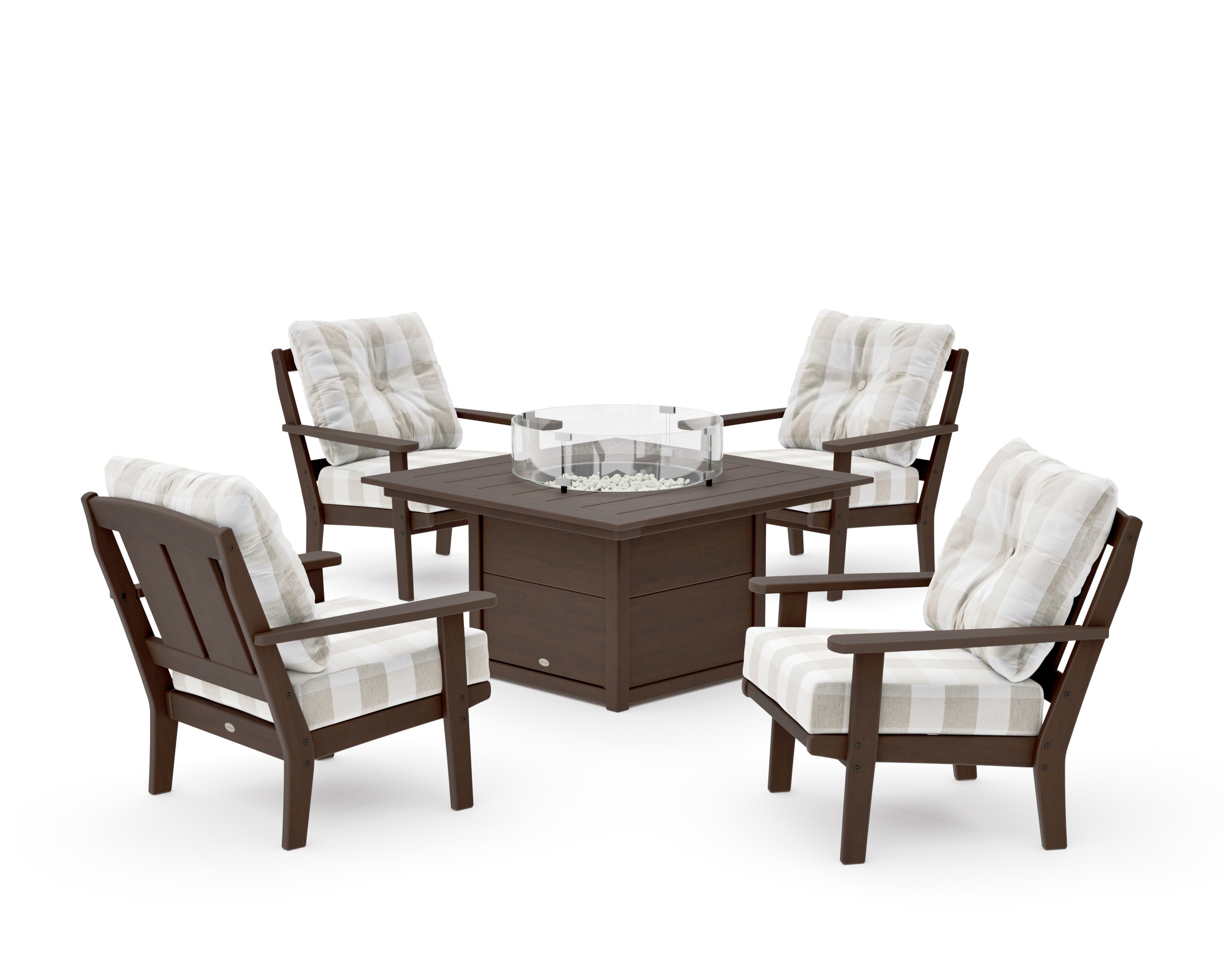 Mission 5-Piece Deep Seating Set with Fire Pit Table in Kona / Buffalo Plaid Dune Burlap