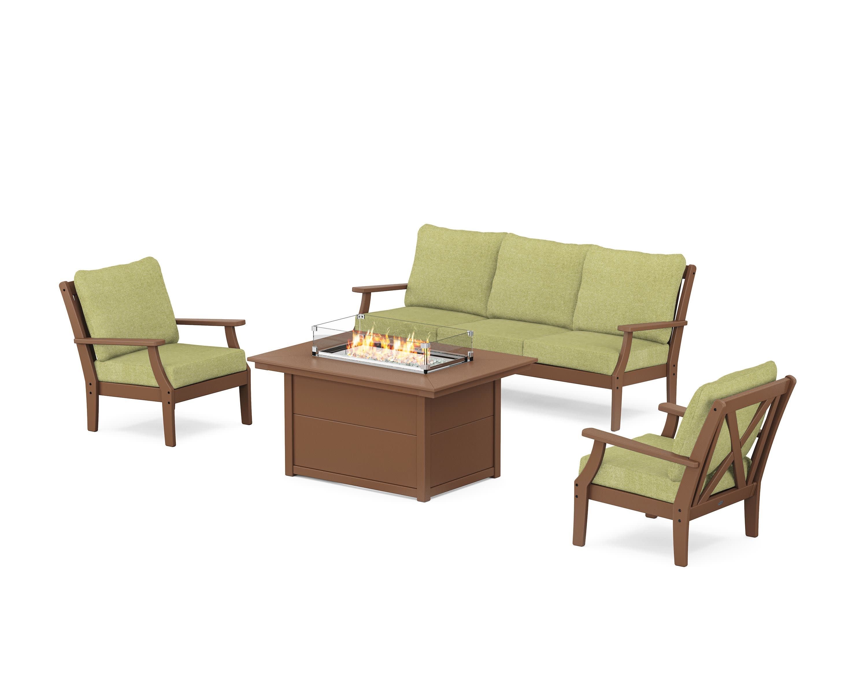 Braxton Deep Seating Fire Pit Table Set in Teak / Chartreuse Boucle
