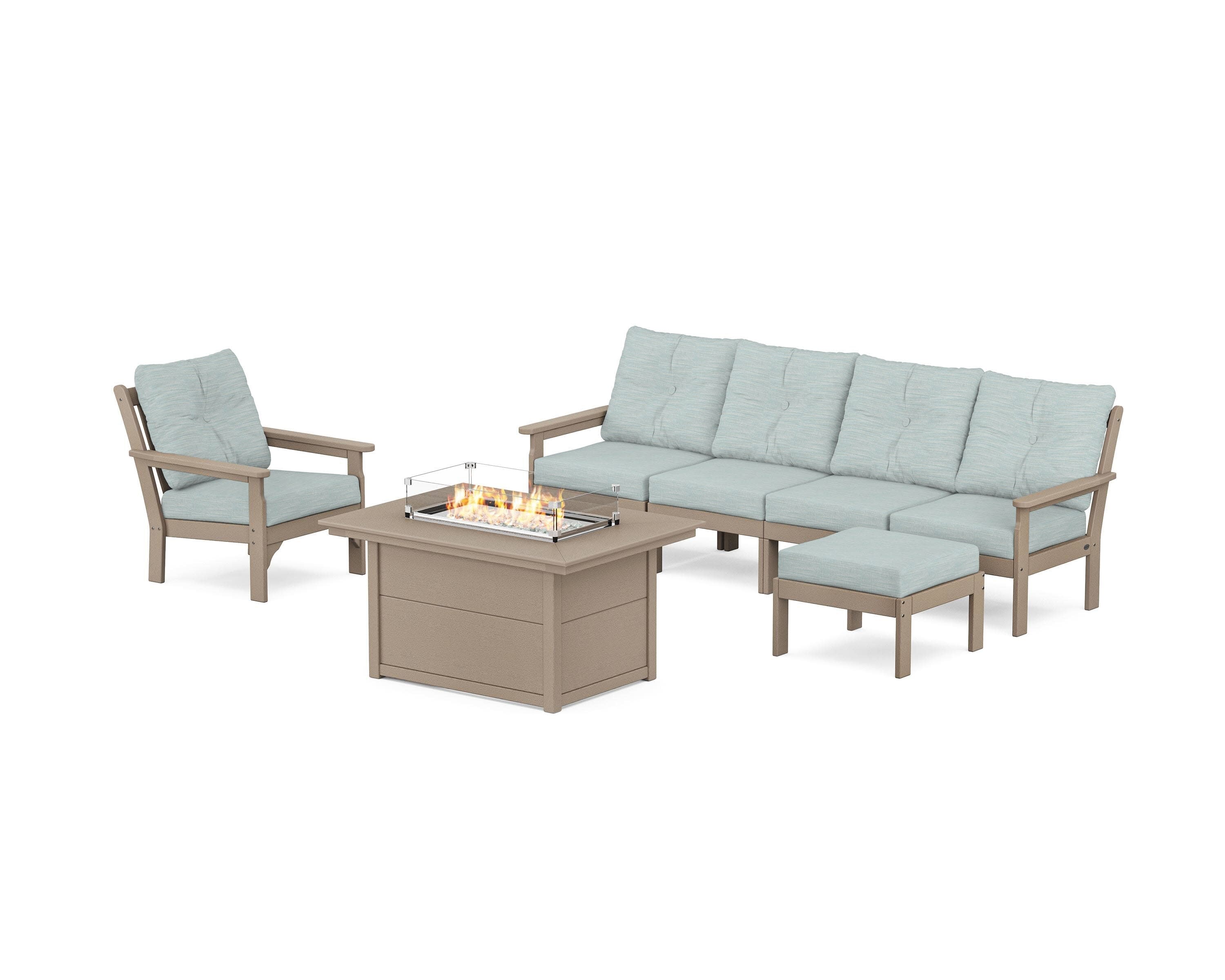 Vineyard Sectional Lounge and Fire Pit Set in Vintage Sahara / Soothe Mist