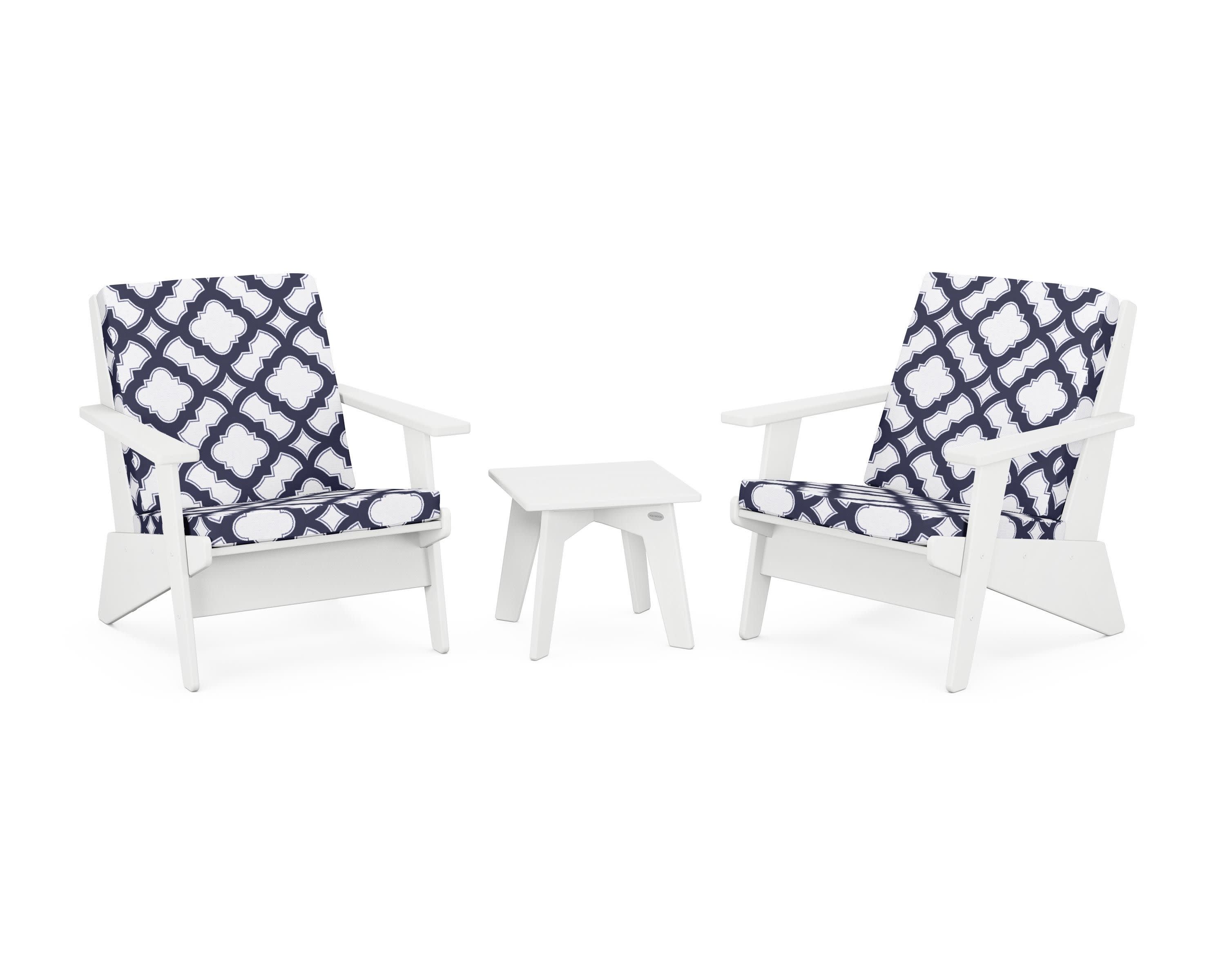 Riviera Modern Lounge 3-Piece Set in White / Trellis Navy
