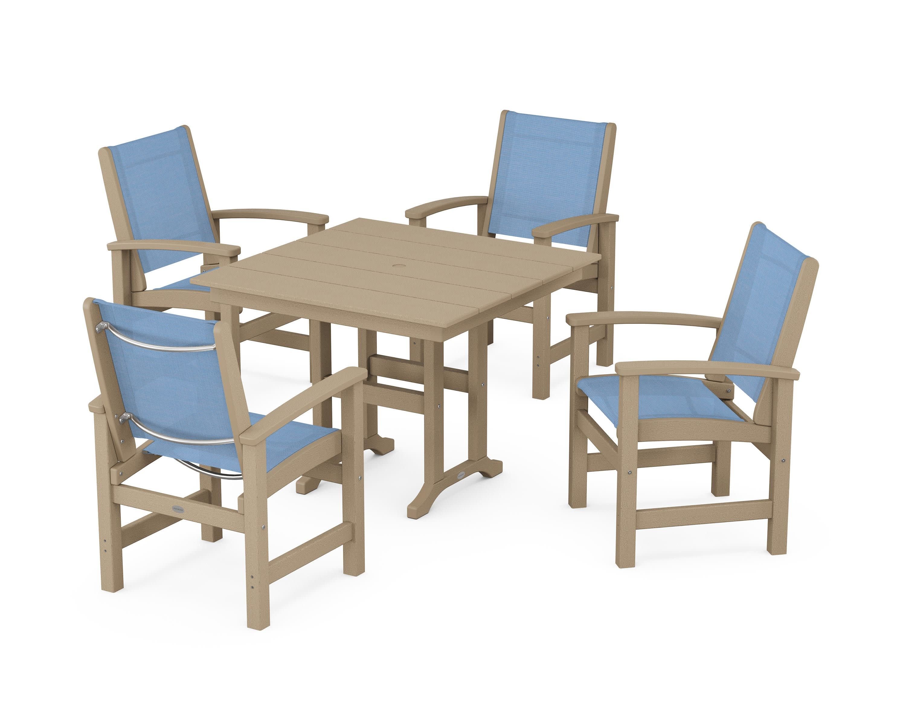 Coastal 5-Piece Farmhouse Dining Set in Vintage Sahara / Poolside Sling