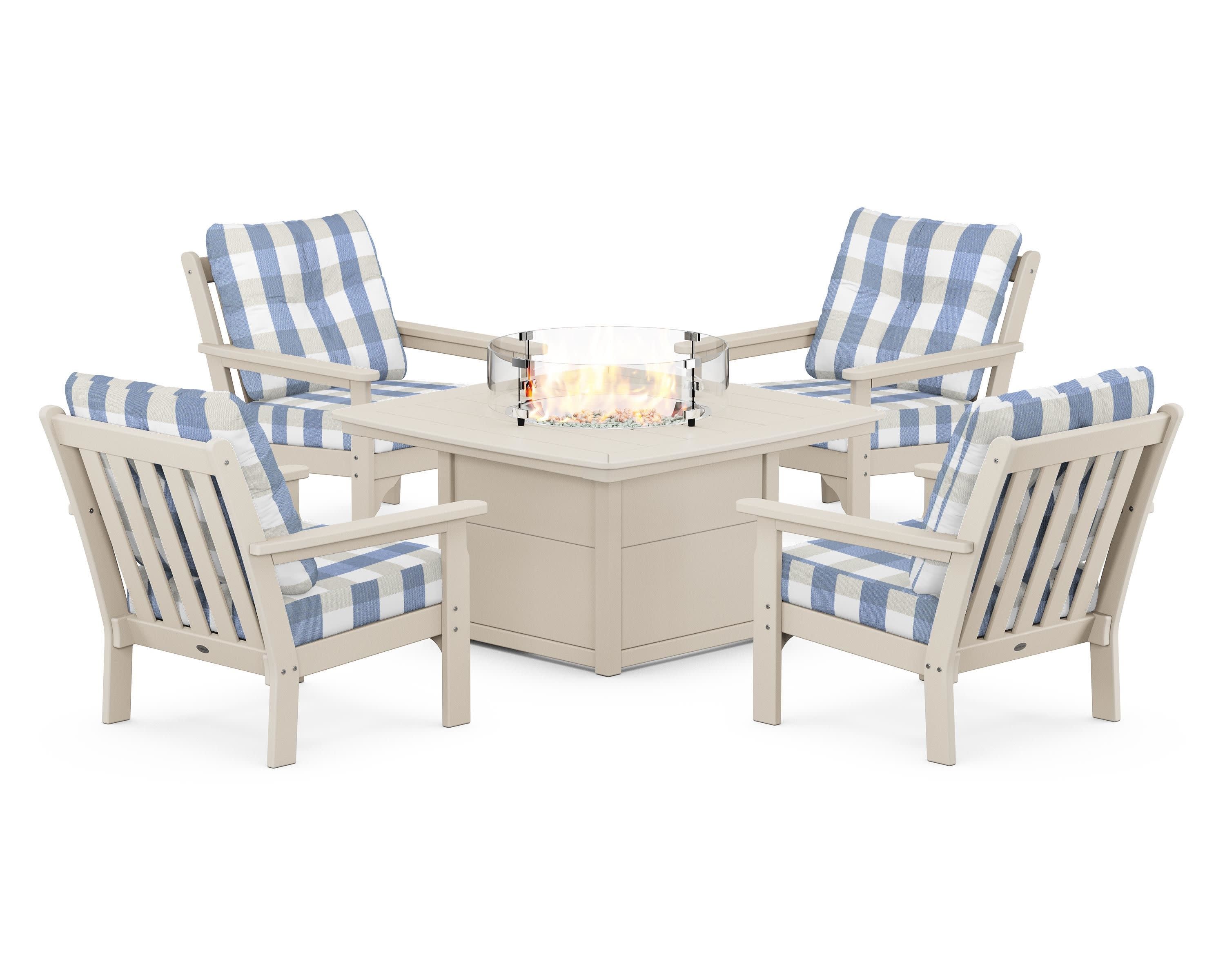 Vineyard 5-Piece Conversation Set with Fire Pit Table in Sand / Buffalo Plaid Sky Blue