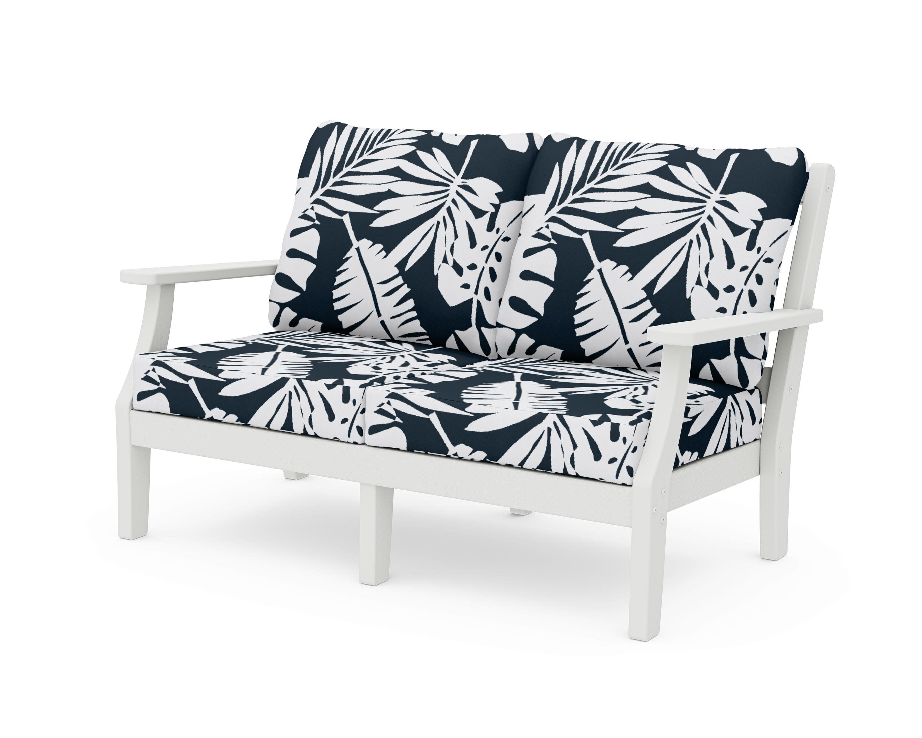 Chinoiserie Deep Seating Loveseat in Vintage White / Leaf Marine Indigo