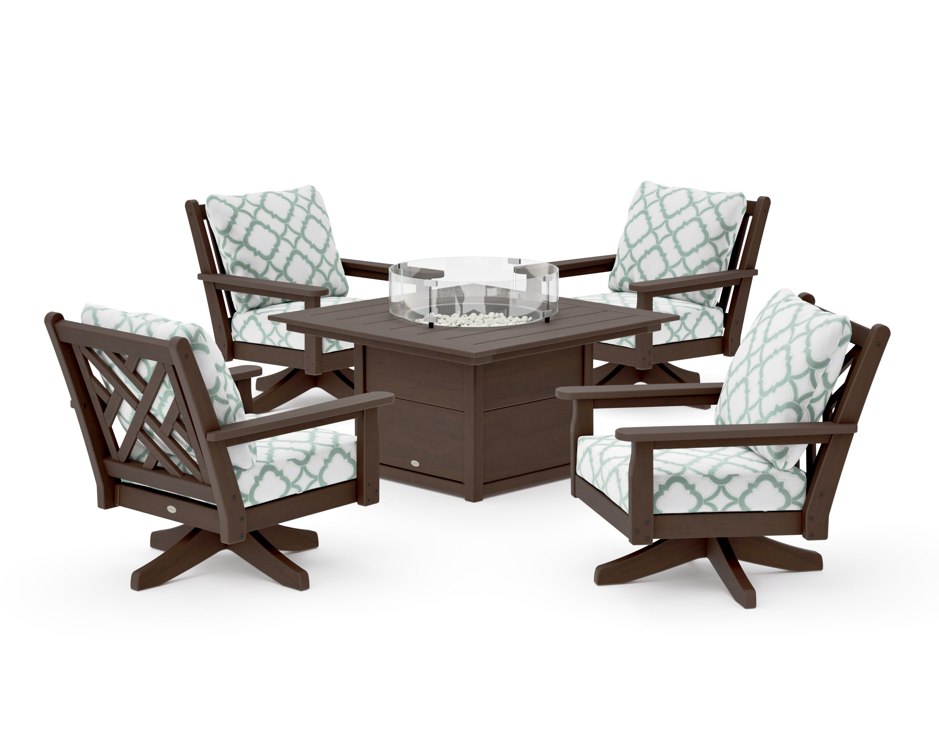 Chippendale 5-Piece Deep Seating Swivel Conversation Set with Fire Pit Table in Kona / Trellis Glacier Spa