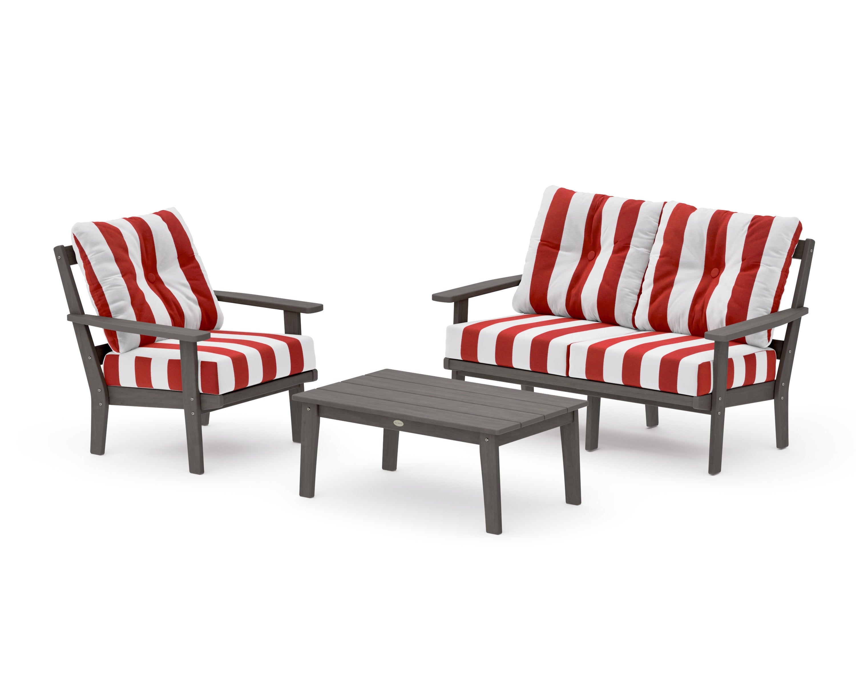 Prairie 3-Piece Deep Seating Set with Loveseat in Driftwood / Cabana Stripe Crimson