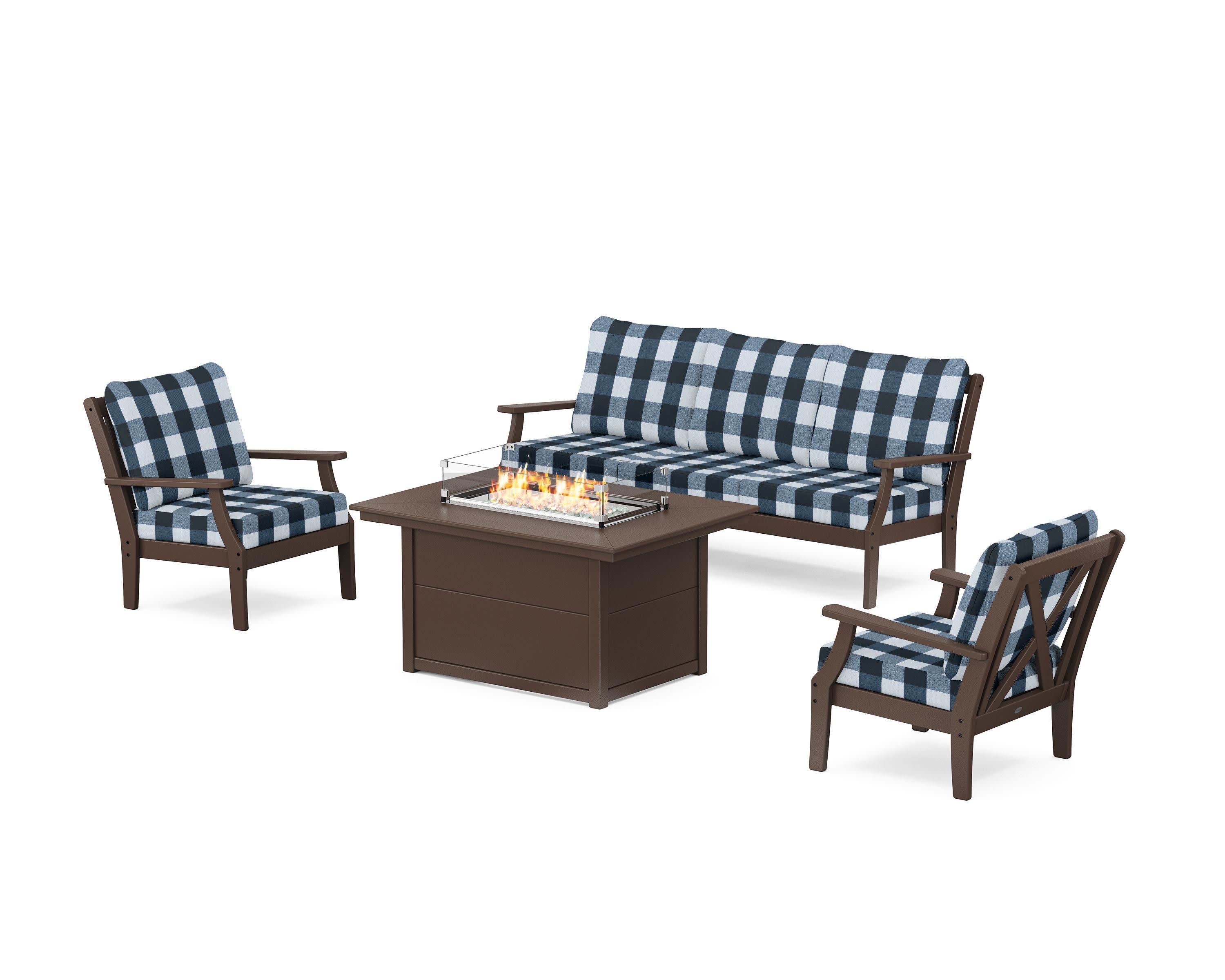 Braxton Deep Seating Fire Pit Table Set in Mahogany / Buffalo Plaid Marine Indigo