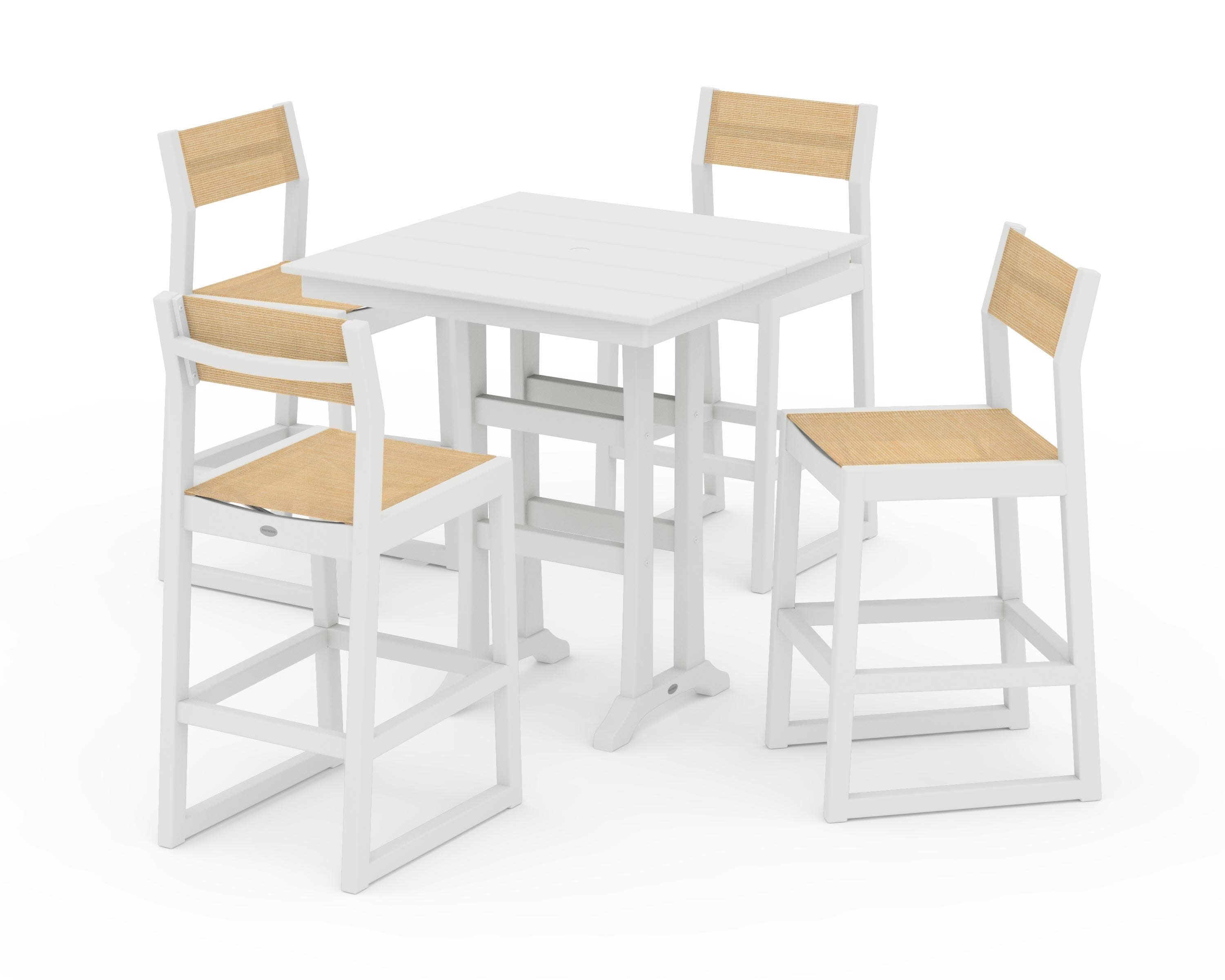 EDGE Sling Arm Chair 5-Piece Farmhouse Bar Set with Trestle Legs in Vintage White / Dupioni Apricot Sling