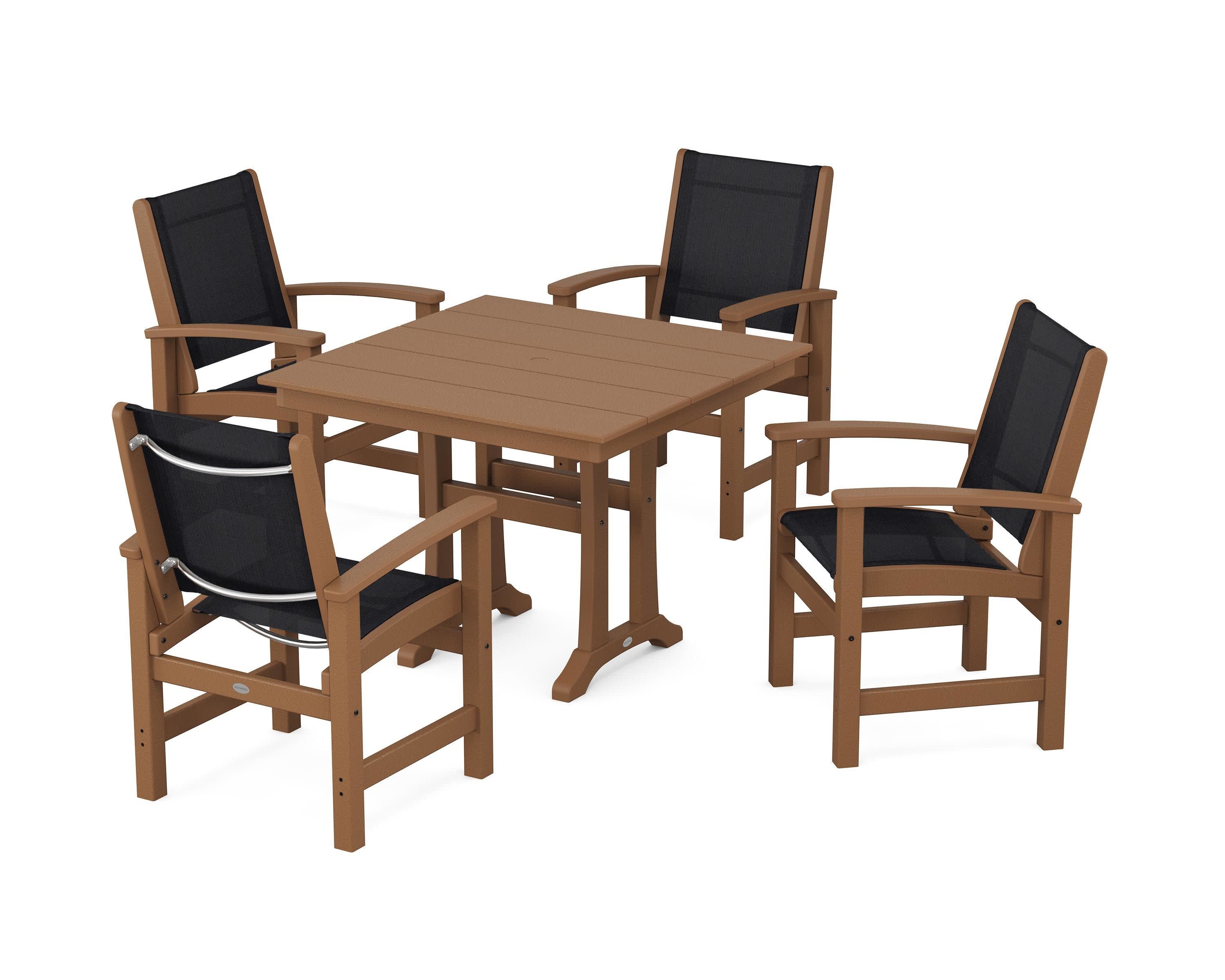 Coastal 5-Piece Farmhouse Dining Set With Trestle Legs in Teak / Black Sling