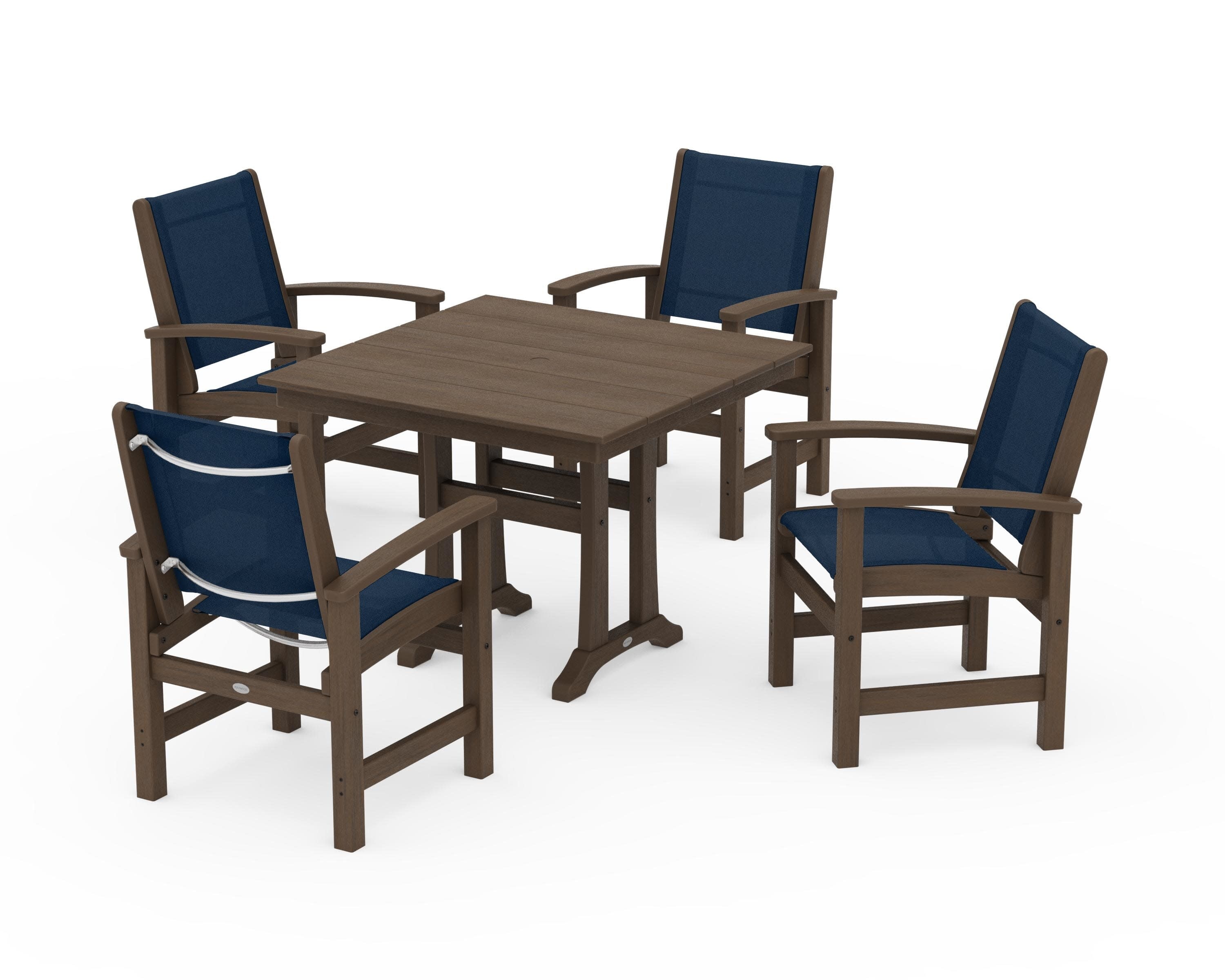 Coastal 5-Piece Farmhouse Dining Set With Trestle Legs in Kona / Navy Blue Sling