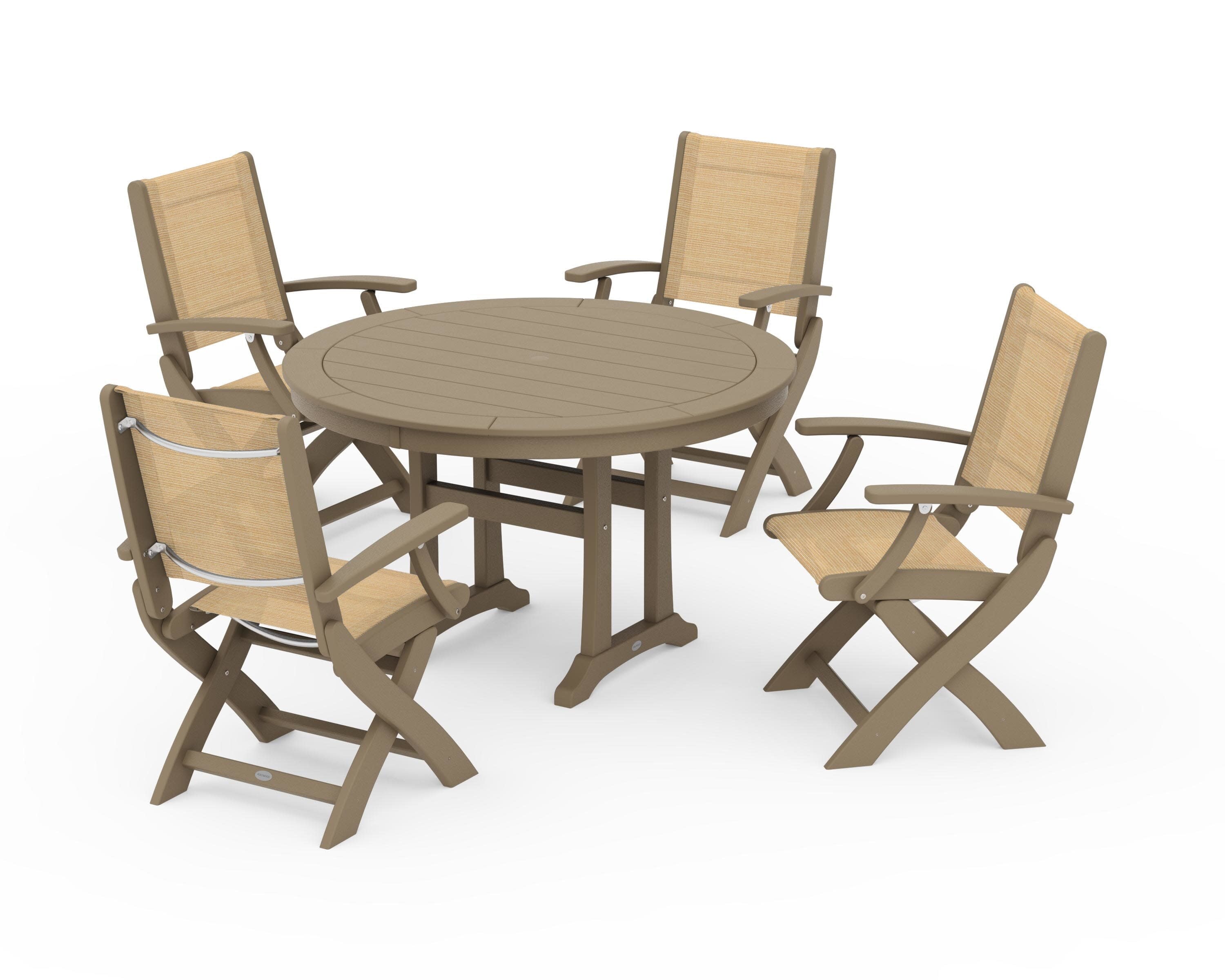 Coastal Folding Chair 5-Piece Round Dining Set with Trestle Legs in Vintage Sahara / Dupioni Apricot Sling