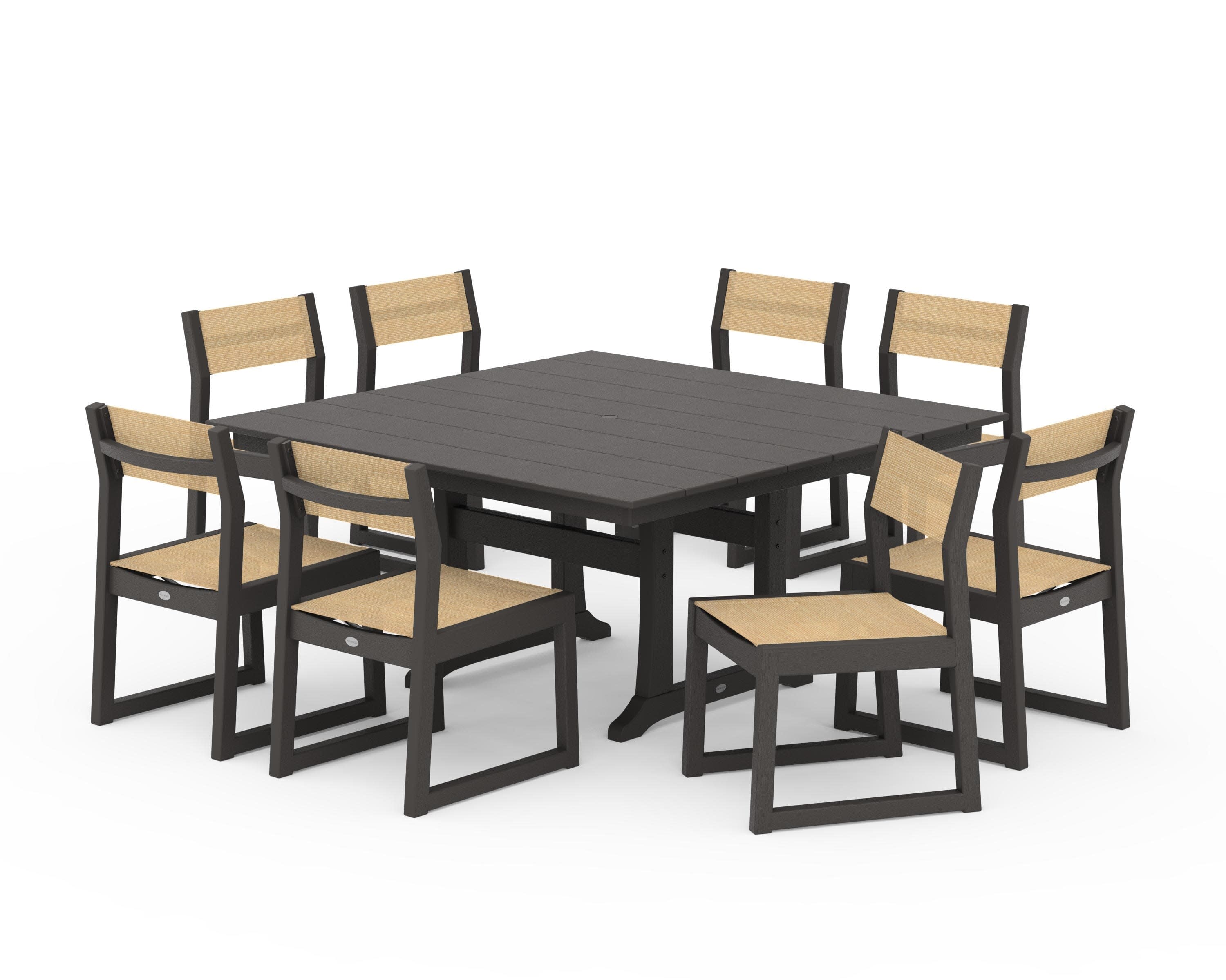 EDGE Sling Side Chair 9-Piece Farmhouse Trestle Dining Set in Vintage Coffee / Dupioni Apricot Sling