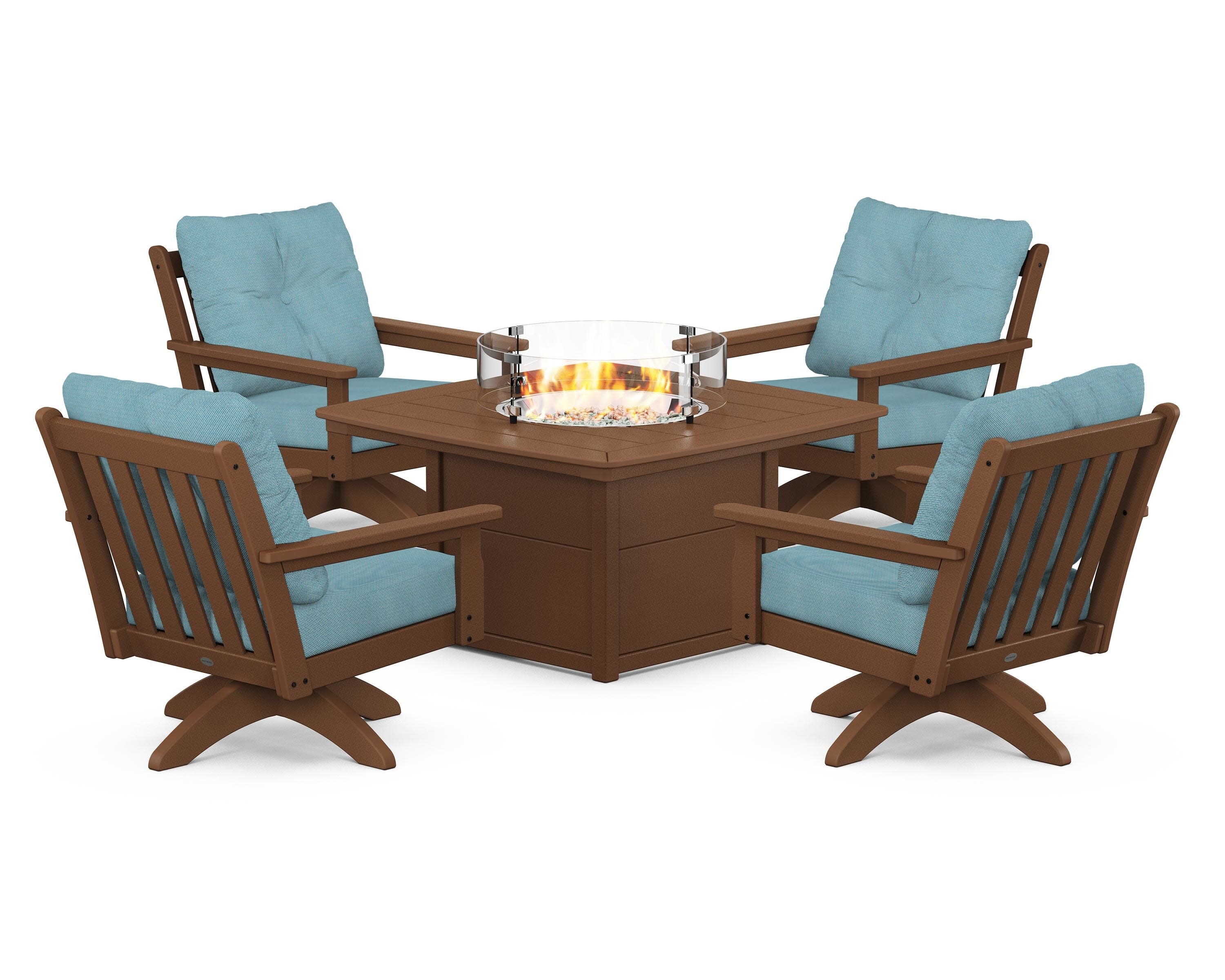 Vineyard 5-Piece Deep Seating Swivel Conversation Set with Fire Pit Table in Teak / Lattice Sky Blue