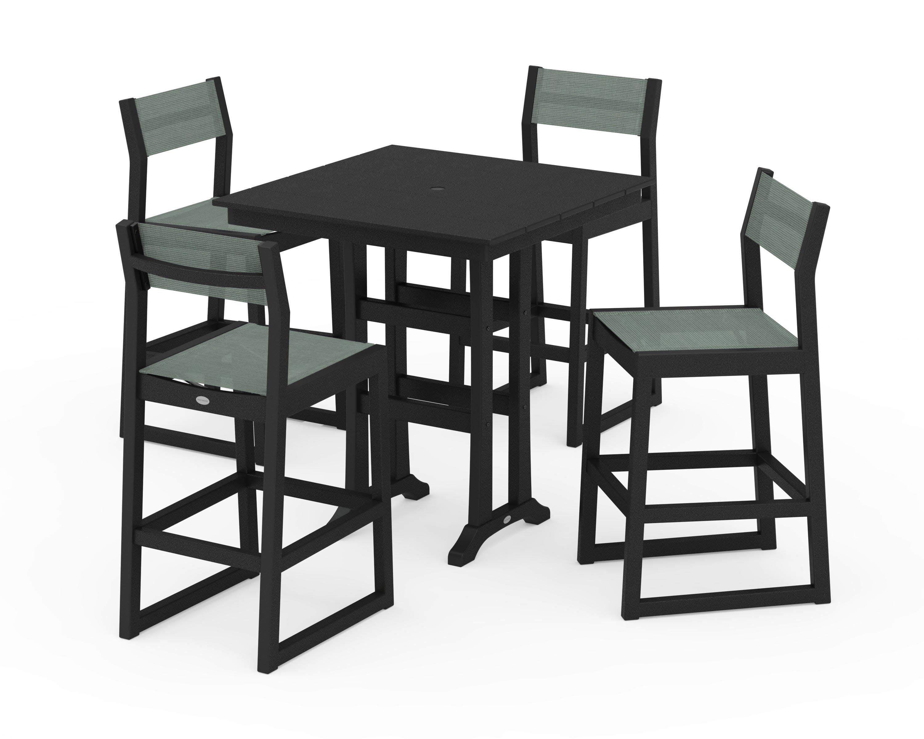 EDGE Sling Arm Chair 5-Piece Farmhouse Bar Set with Trestle Legs in Black / Dupioni Sea Mist Sling