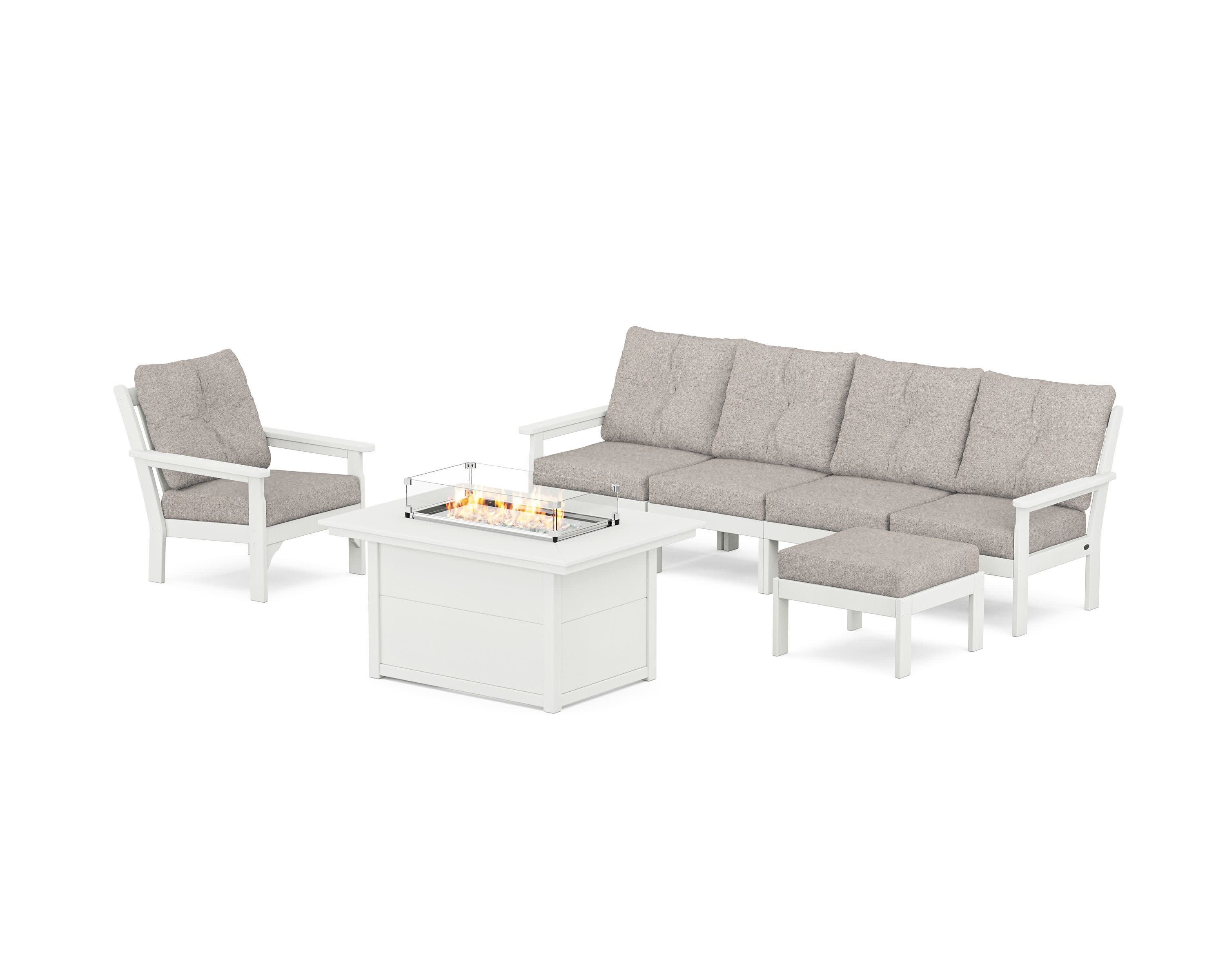 Vineyard Sectional Lounge and Fire Pit Set in Vintage White / Weathered Tweed