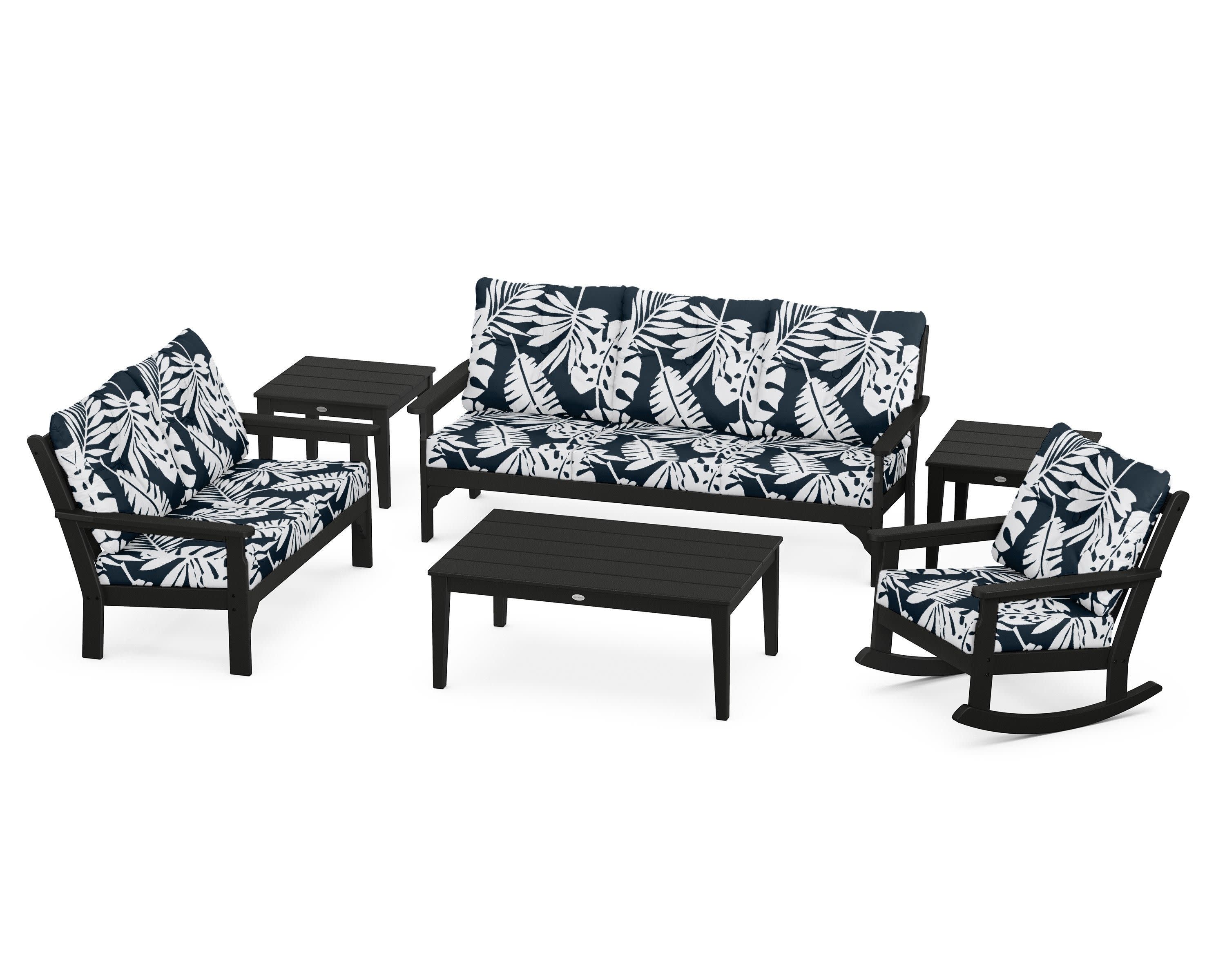 Vineyard 6-Piece Deep Seating Set in Black / Leaf Marine Indigo