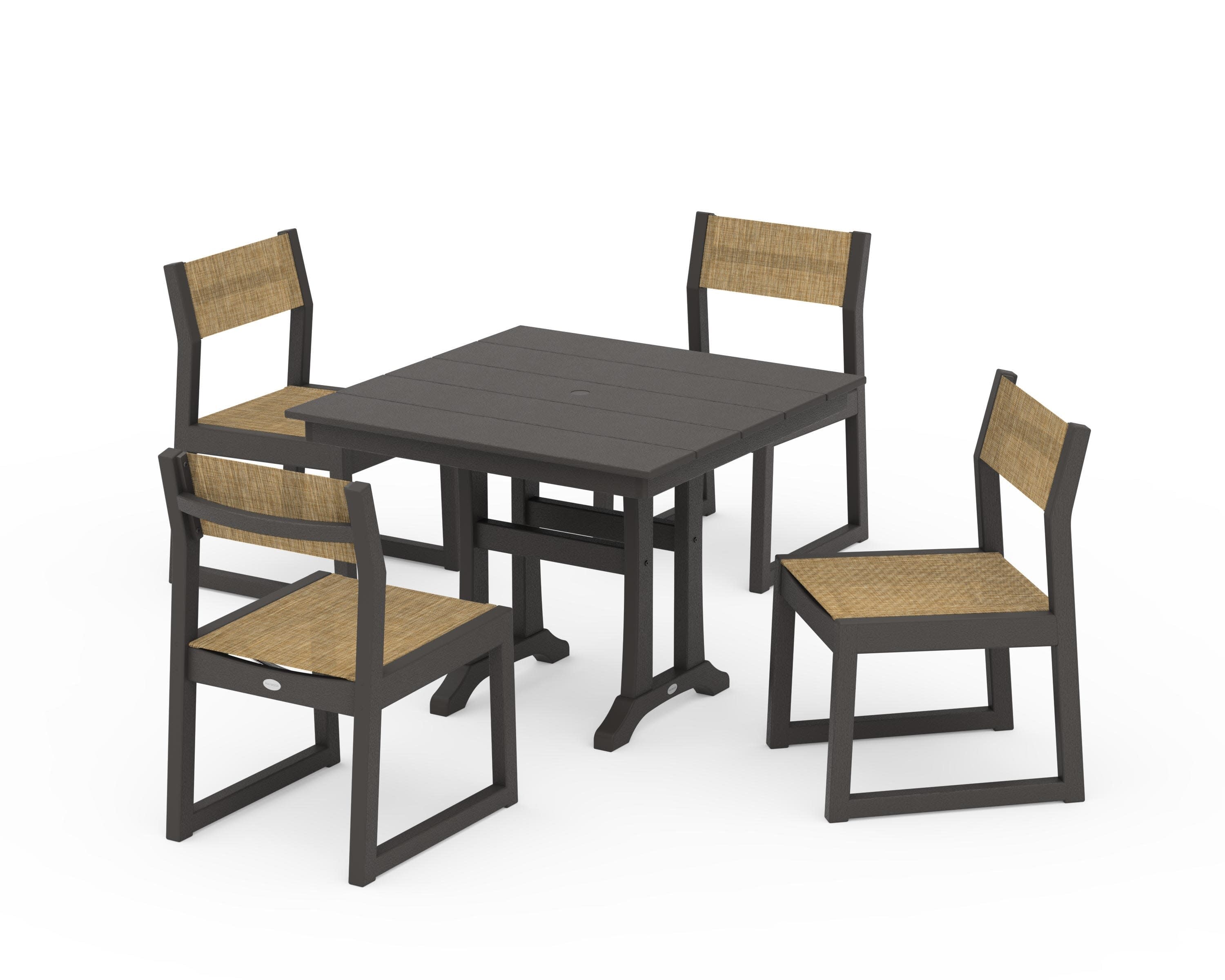 EDGE Sling 5-Piece Farmhouse Trestle Side Chair Dining Set in Vintage Coffee / Burlap Sling
