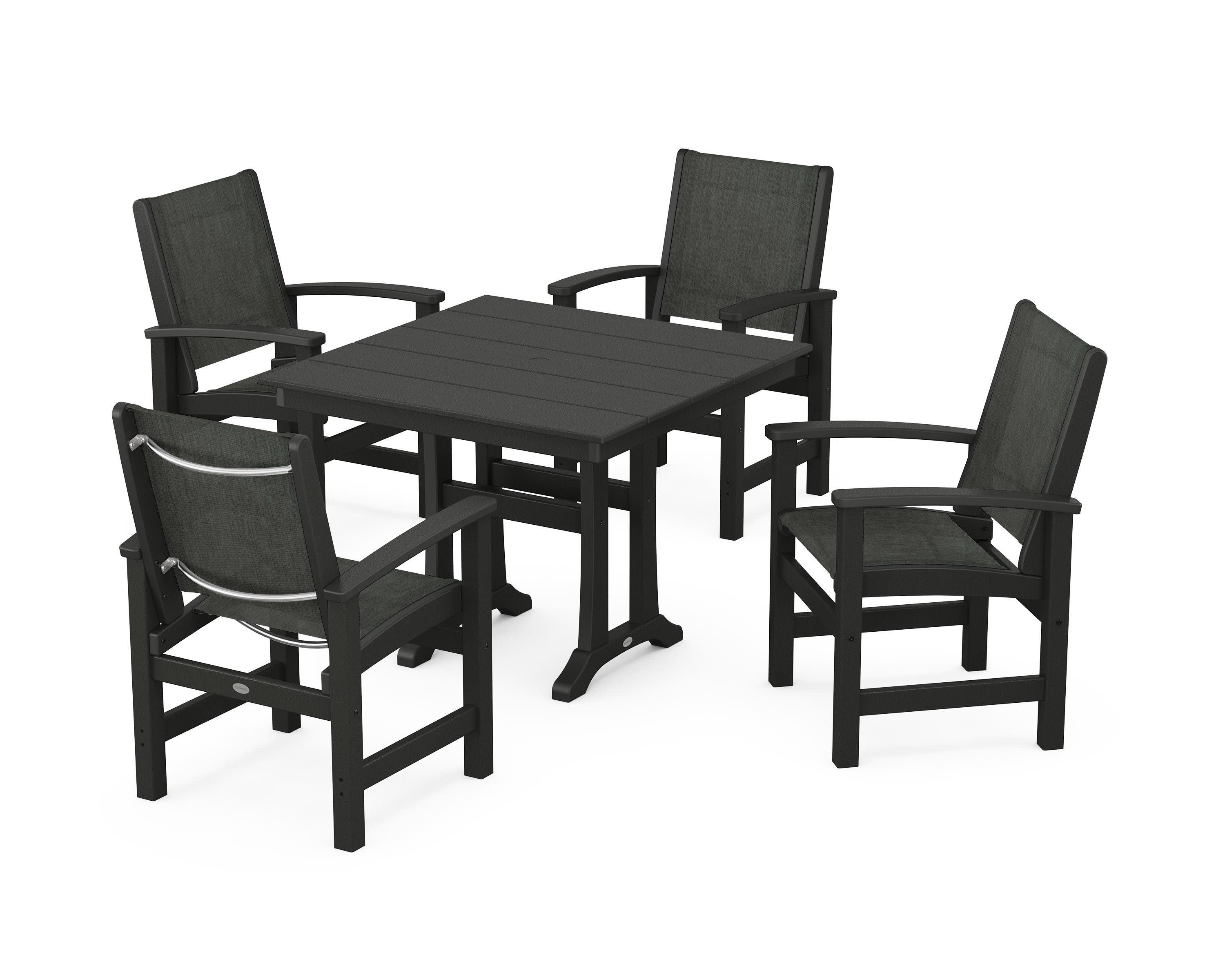 Coastal 5-Piece Farmhouse Dining Set With Trestle Legs in Black / Ember Sling